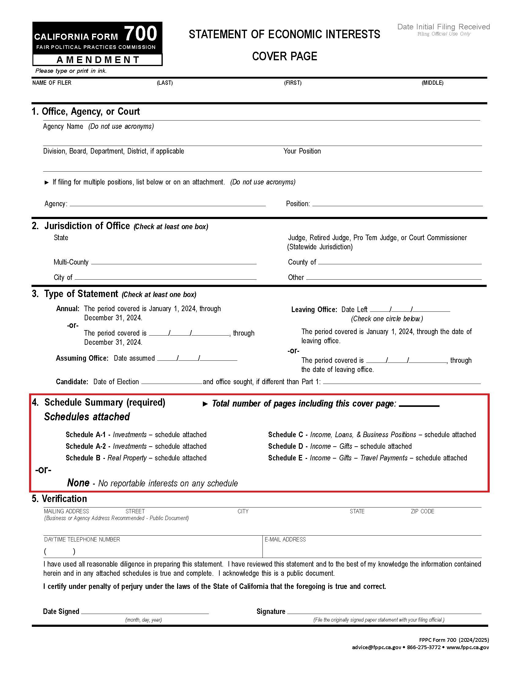 Form 700 Statement Of Economic Interest (Amendment Schedules) {700} | Pdf Fpdf Docx | California