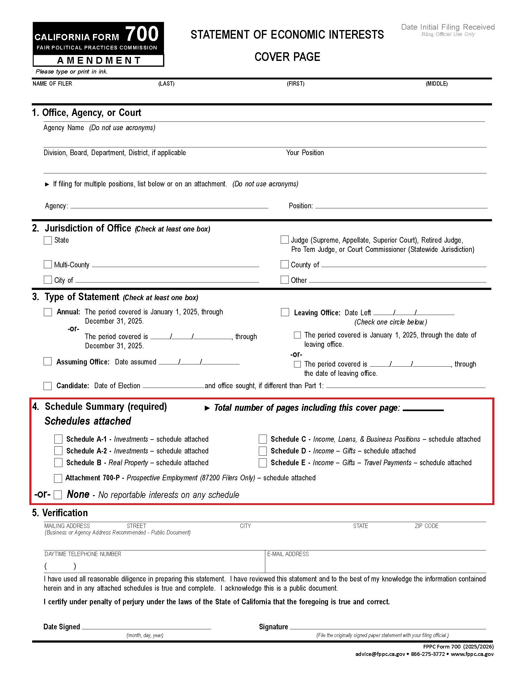 Form 700 Statement Of Economic Interest (Amendment Schedules) {700} | Pdf Fpdf Docx | California