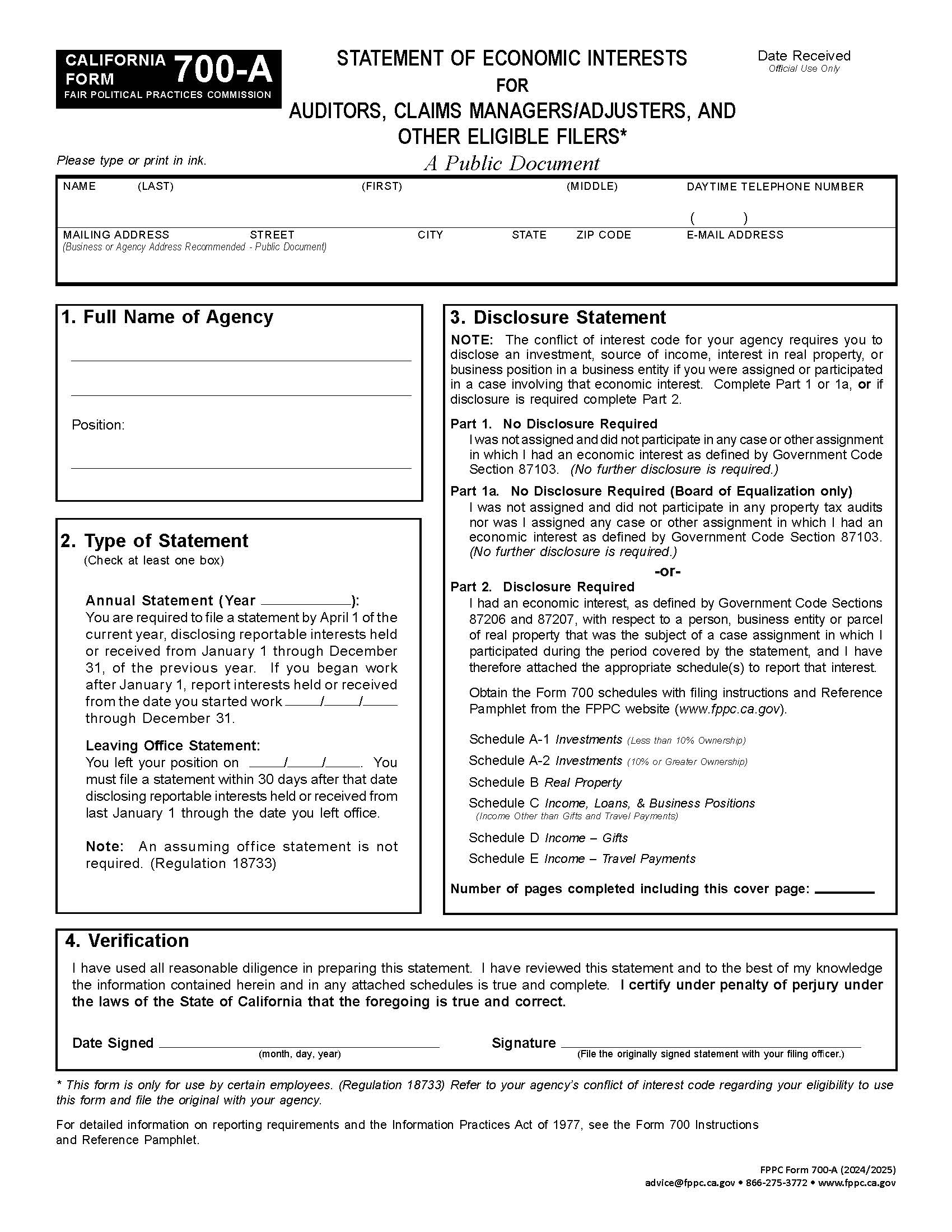 Statement Of Economic Interests For Auditors Claims Managers-Adjusters {700-A} | Pdf Fpdf Docx | California