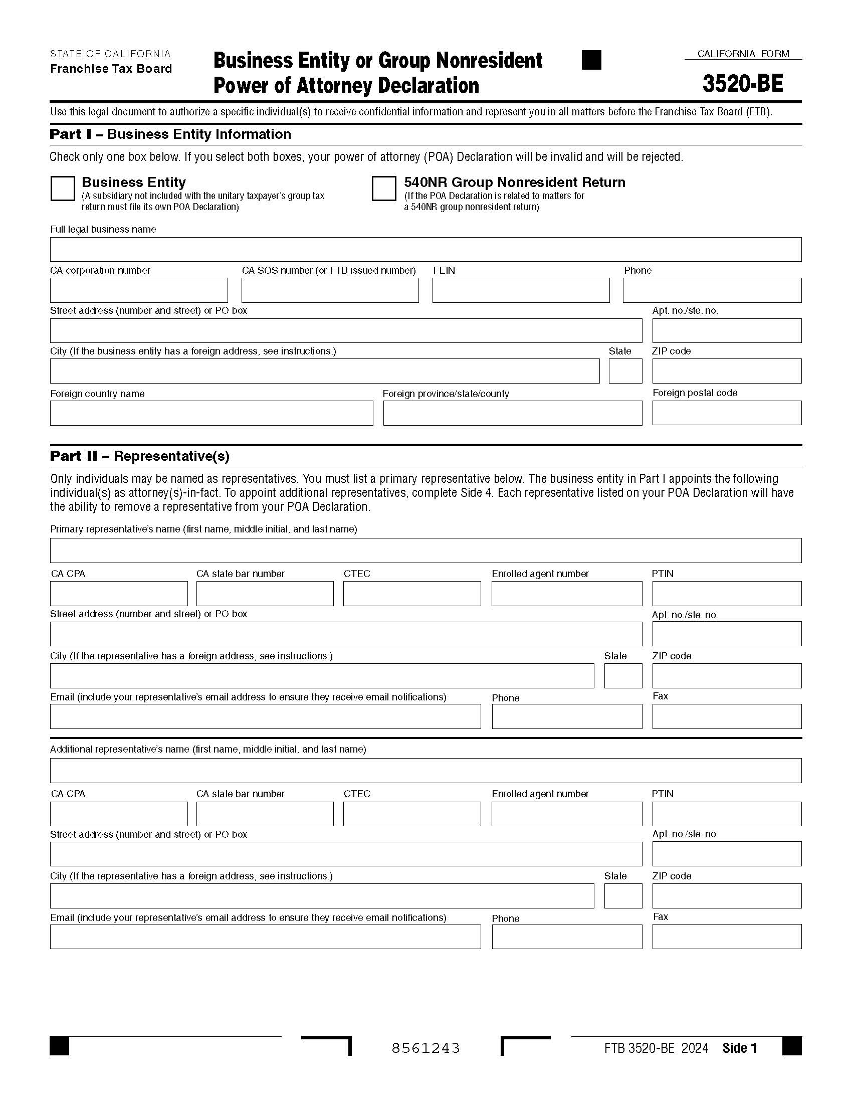 Business Entity Or Group Nonresident Power Of Attorney Declaration {3520-BE} | Pdf Fpdf Docx | California