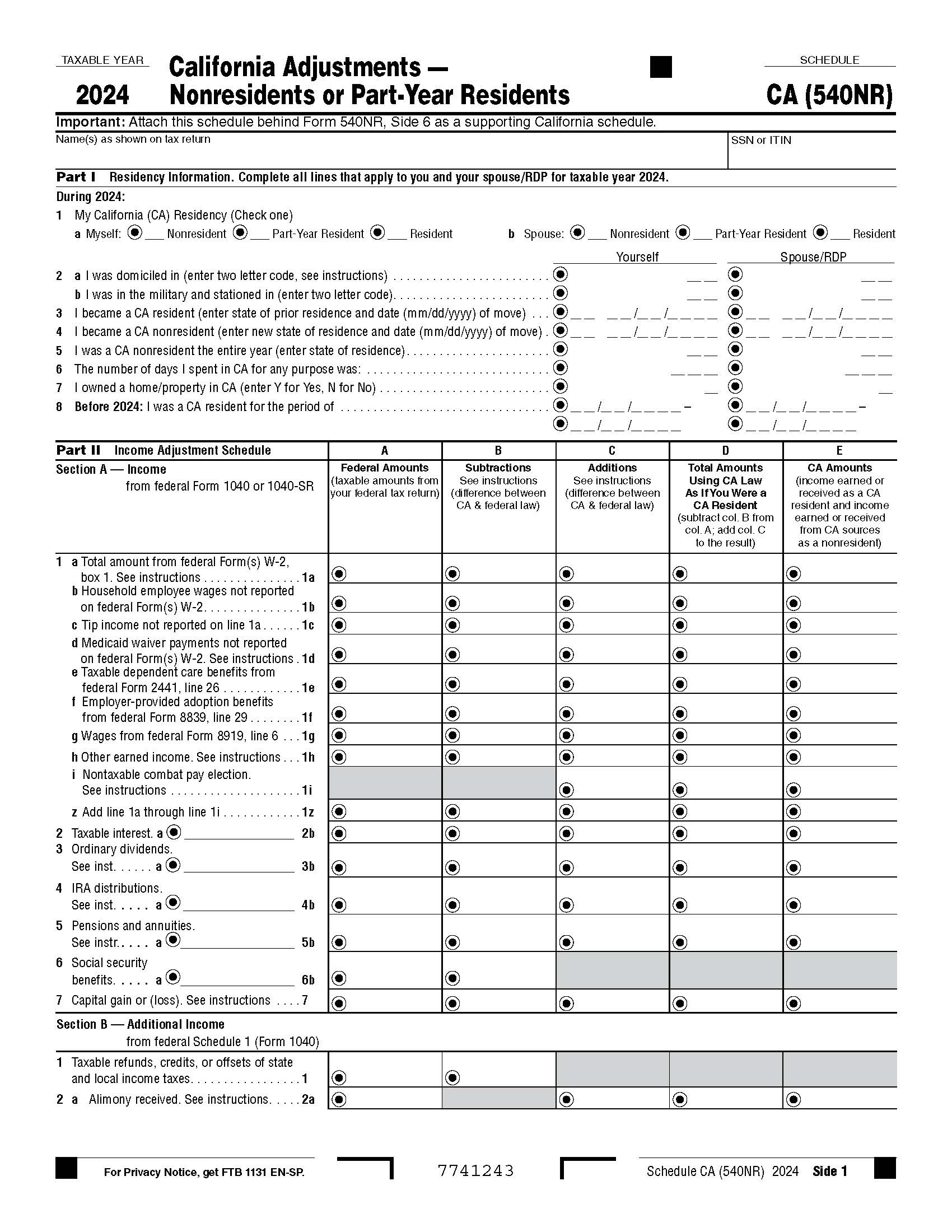 California Adjustments-Nonresidents Or Part-Year Residents 2024 (540NR Schedule CA) {540NR} | Pdf Fpdf Docx | California
