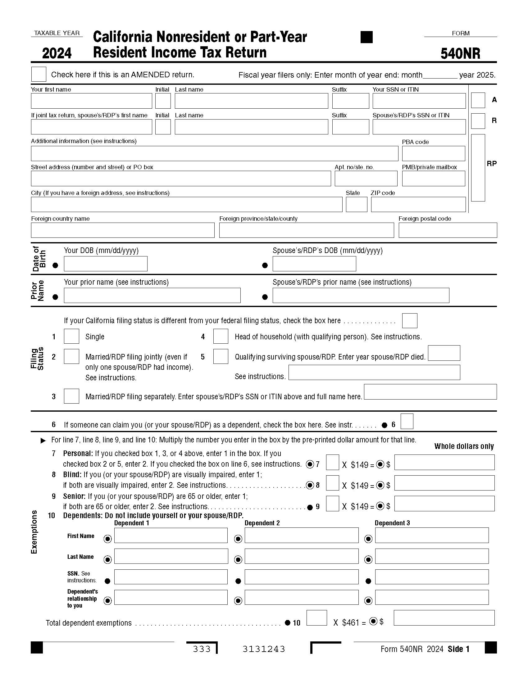 California Nonresident Or Part-Year Resident Income Tax Return {540NR} | Pdf Fpdf Docx | California