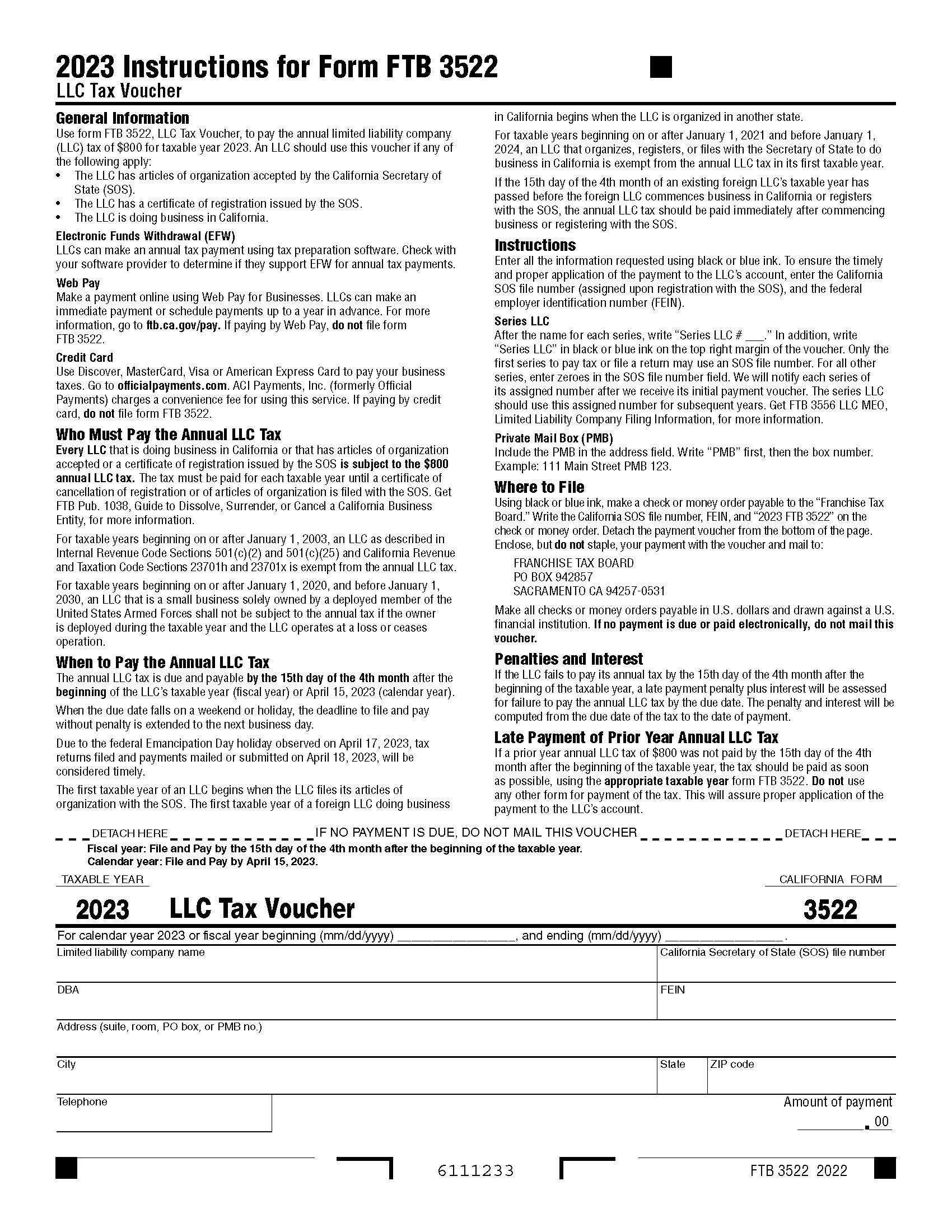 Limited Liability Company Tax Voucher (2023) {3522} | Pdf Fpdf Docx | California