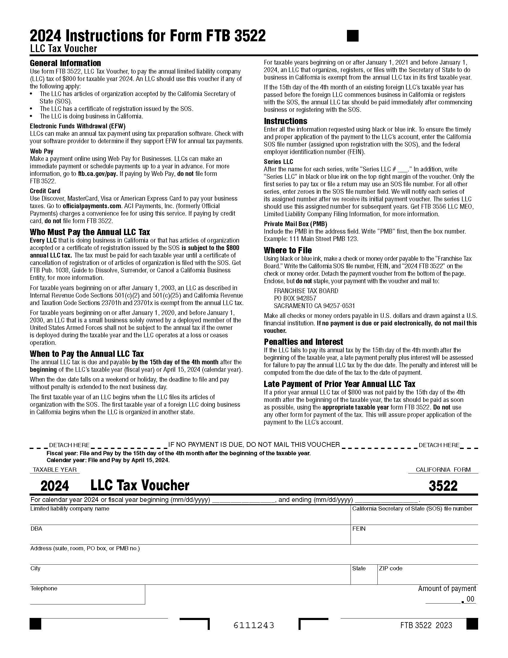 Limited Liability Company Tax Voucher (2024) {3522} | Pdf Fpdf Docx | California