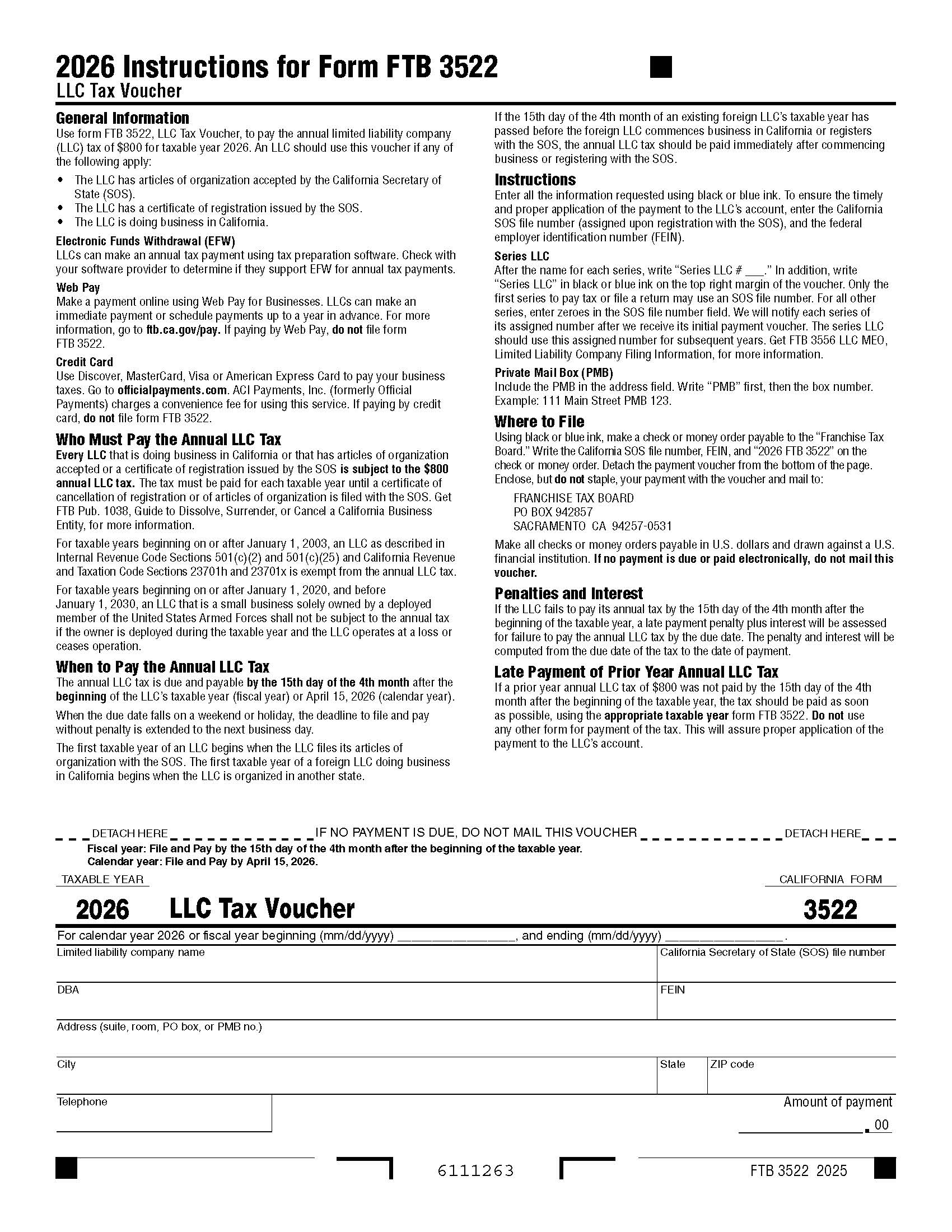 Limited Liability Company Tax Voucher (2026) {3522} | Pdf Fpdf Docx | California