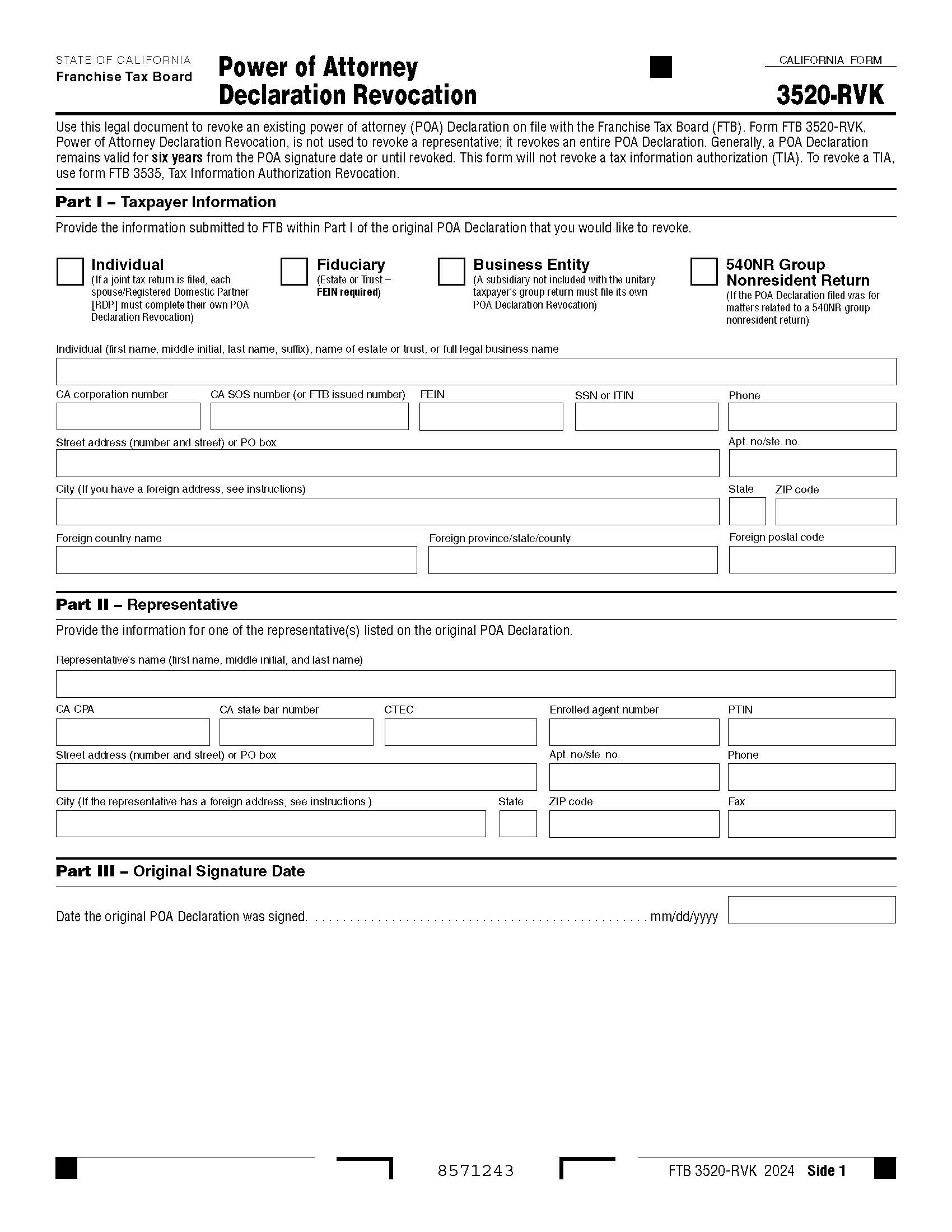 Power Of Attorney Declaration Revocation {3520 RVK} | Pdf Fpdf Docx | California