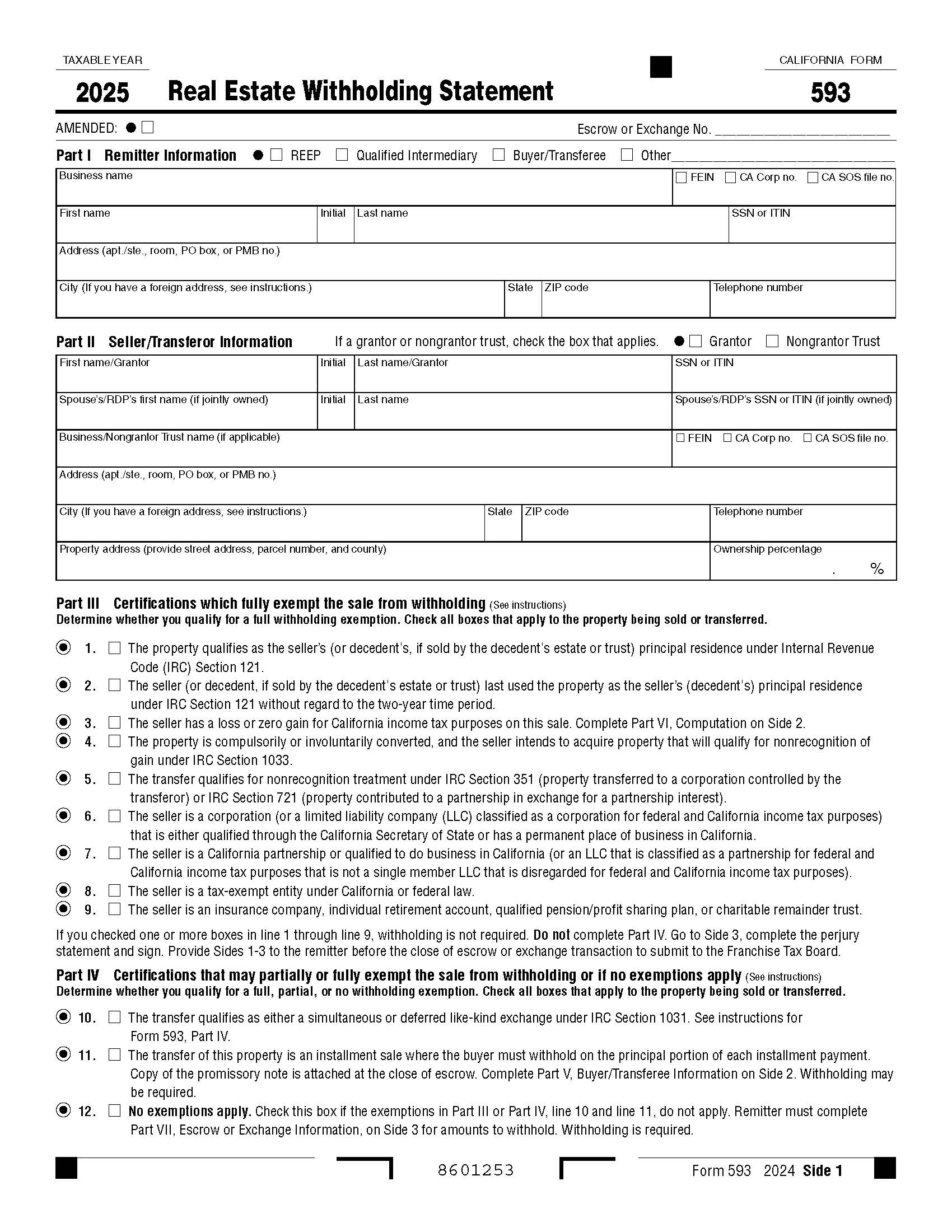 Real Estate Withholding Statement (2025) {593} | Pdf Fpdf Docx | California