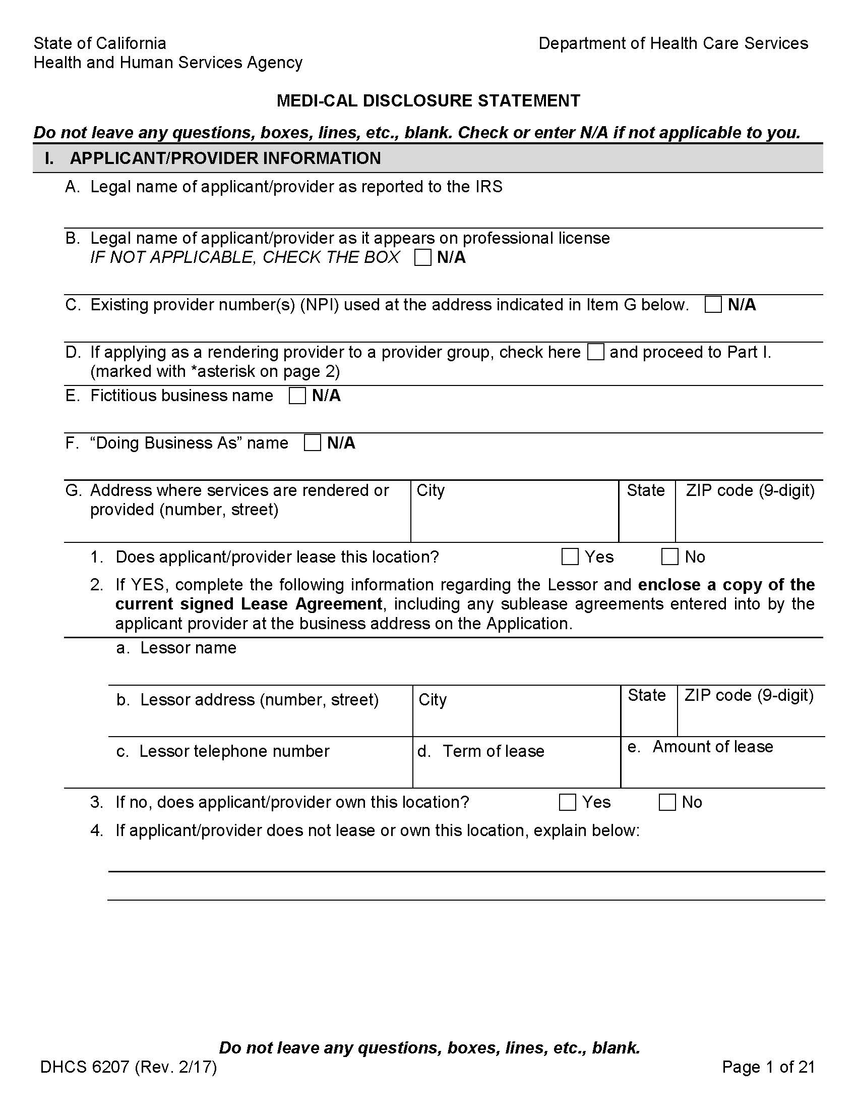 Medi-Cal Disclosure Statement {DHS-6207} | Pdf Fpdf Doc Docx | California