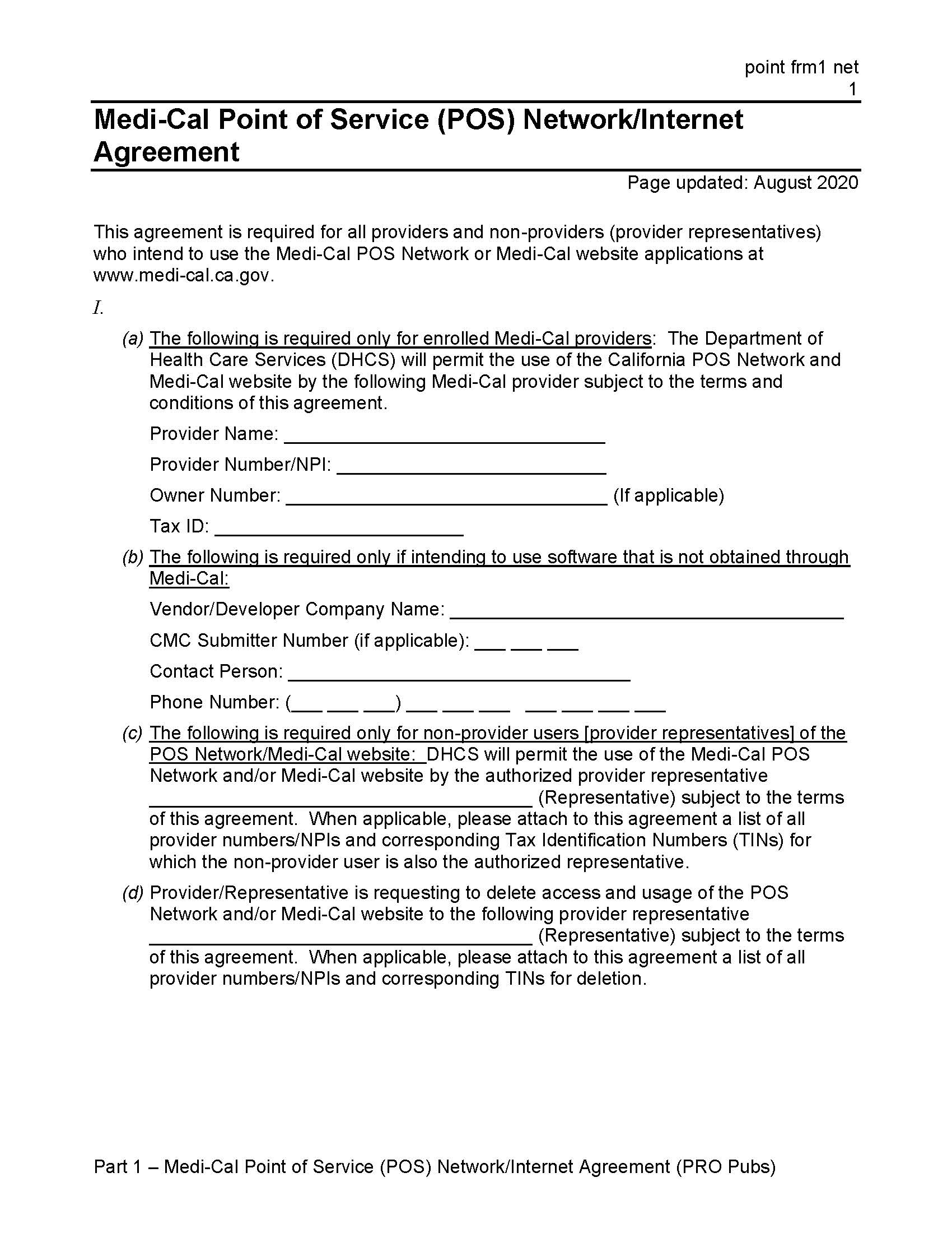 Medi-Cal Point Of Service (POS) Network-Internet Agreement | Pdf Fpdf Doc Docx | California