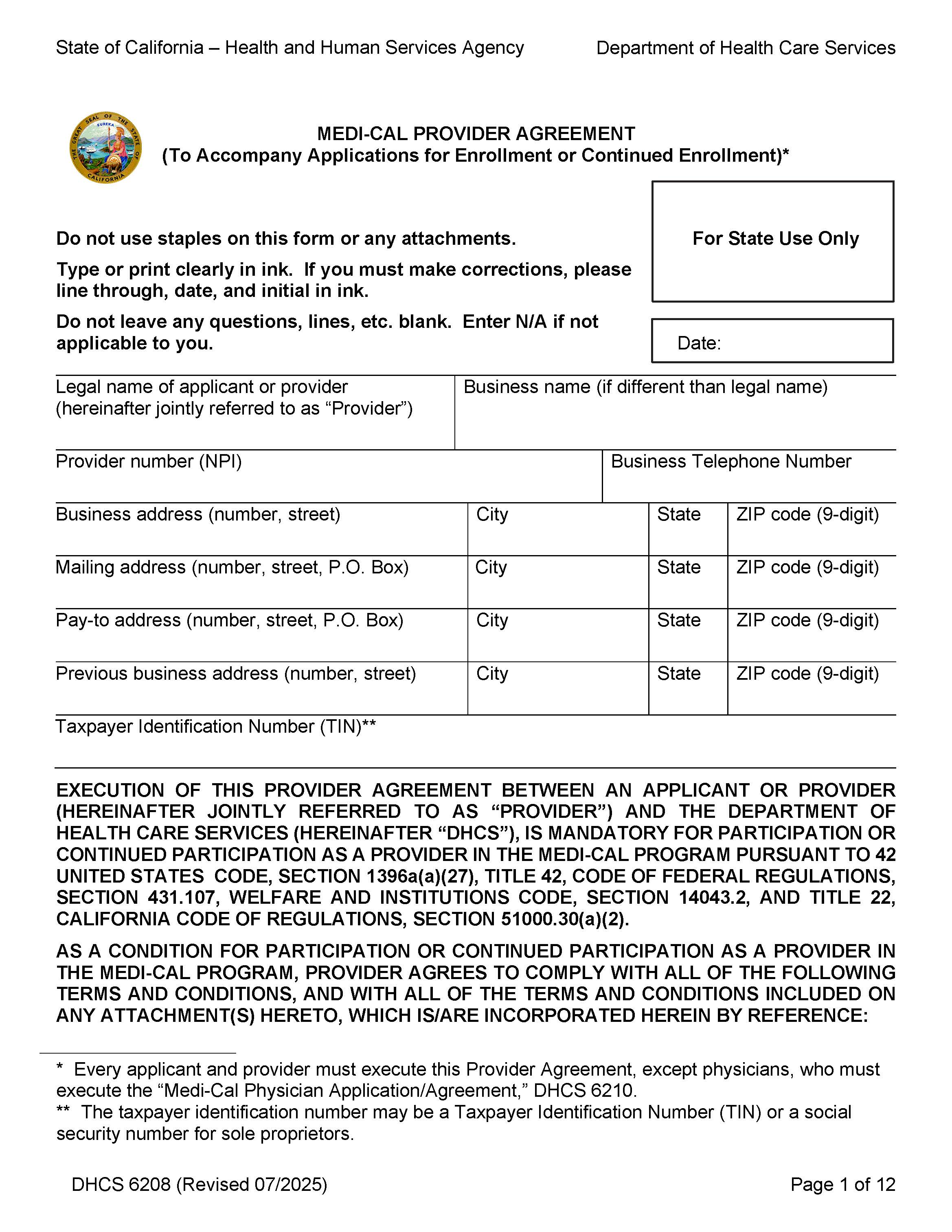 Medi-Cal Provider Agreement {DHS-6208} | Pdf Fpdf Doc Docx | California