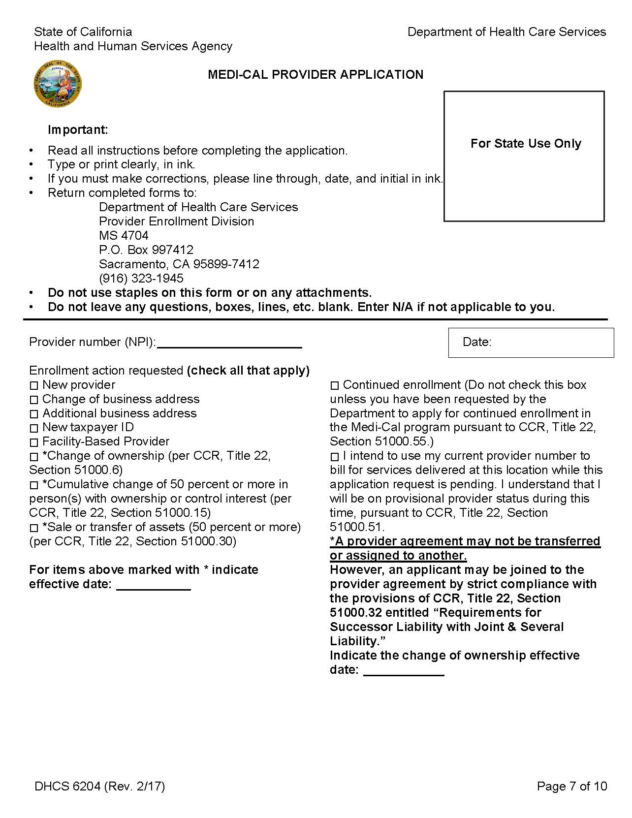 Medi-Cal Provider Application {DSH-6204} | Pdf Fpdf Docx | California