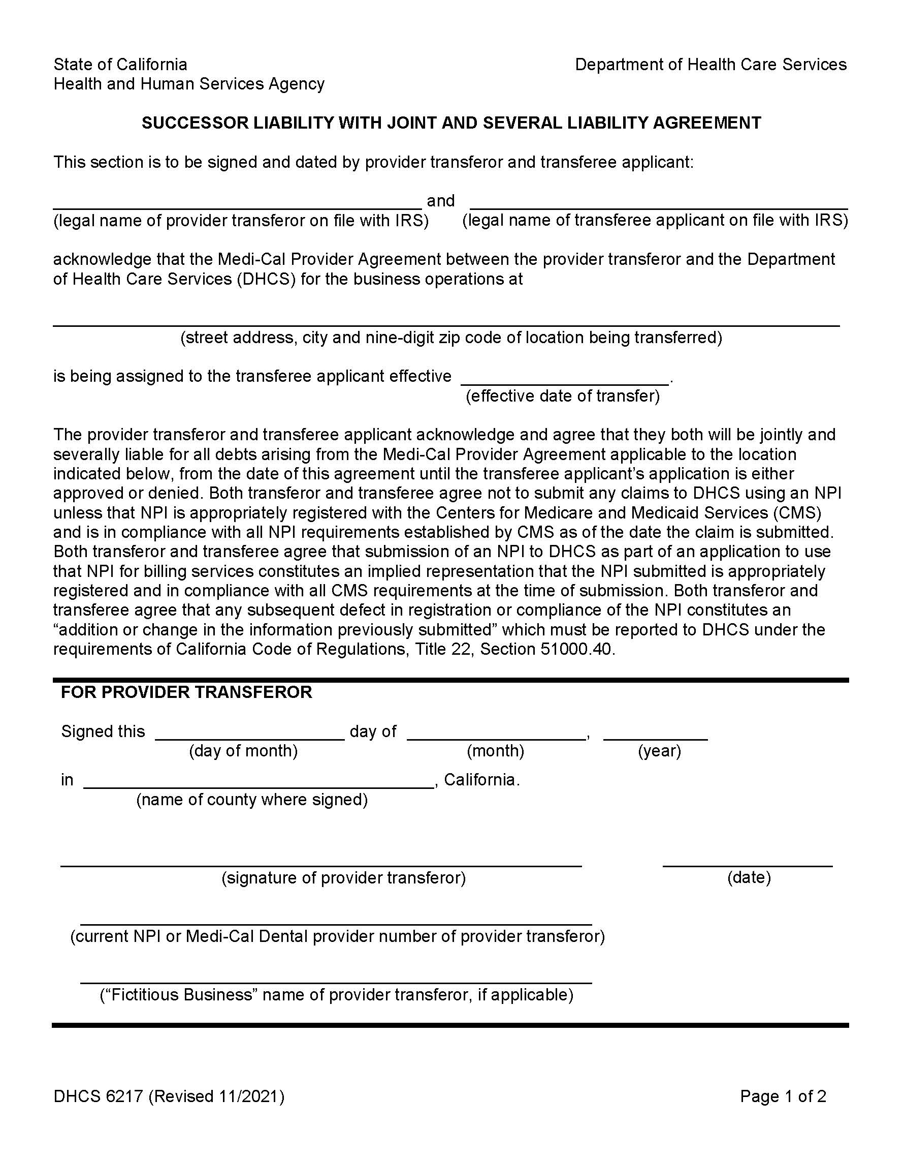 Successor Liability With Joint And Several Liability Agreement {DHS-6217} | Pdf Fpdf Doc Docx | California