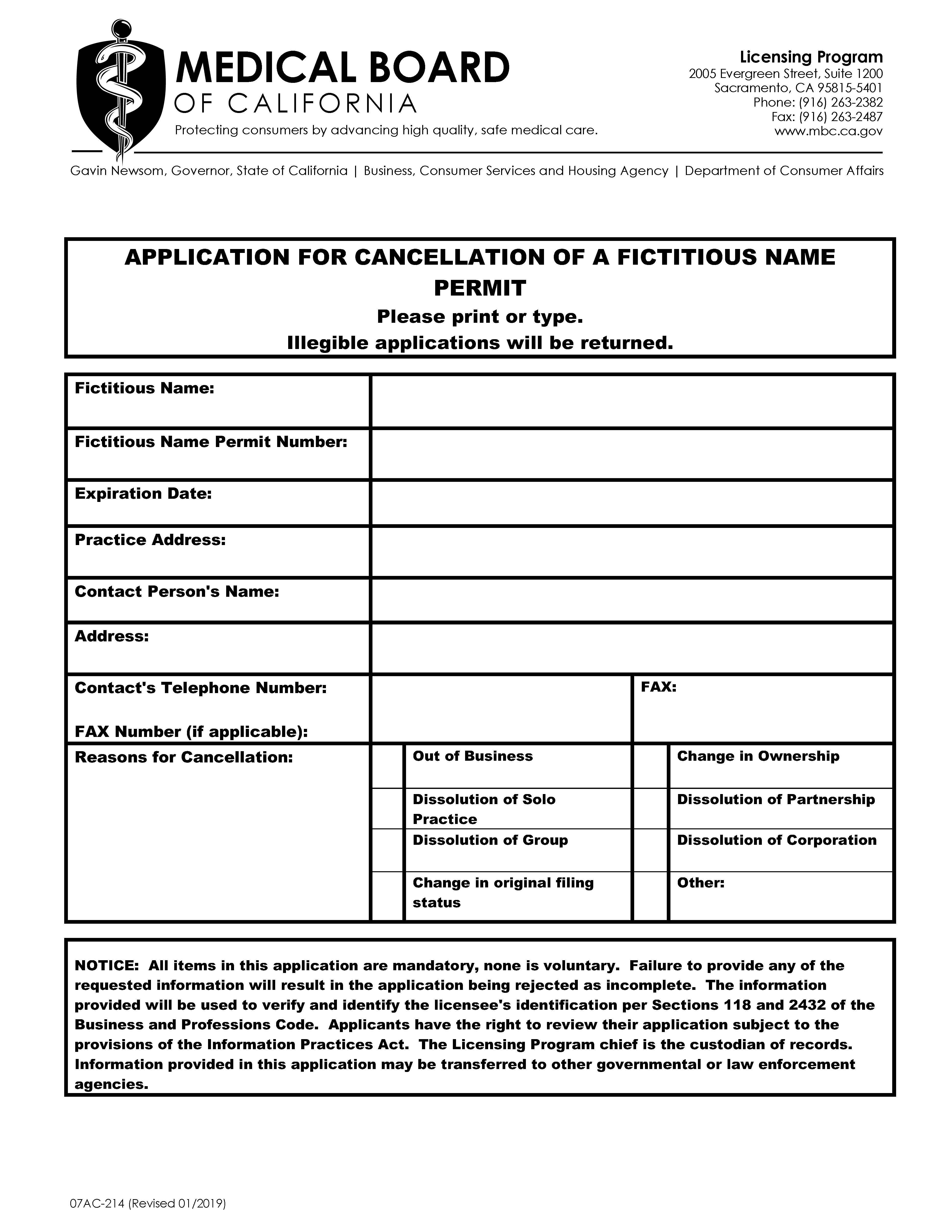 Application For Cancellation Of A Fictitious Name Permit {07AC-214} | Pdf Fpdf Docx | California