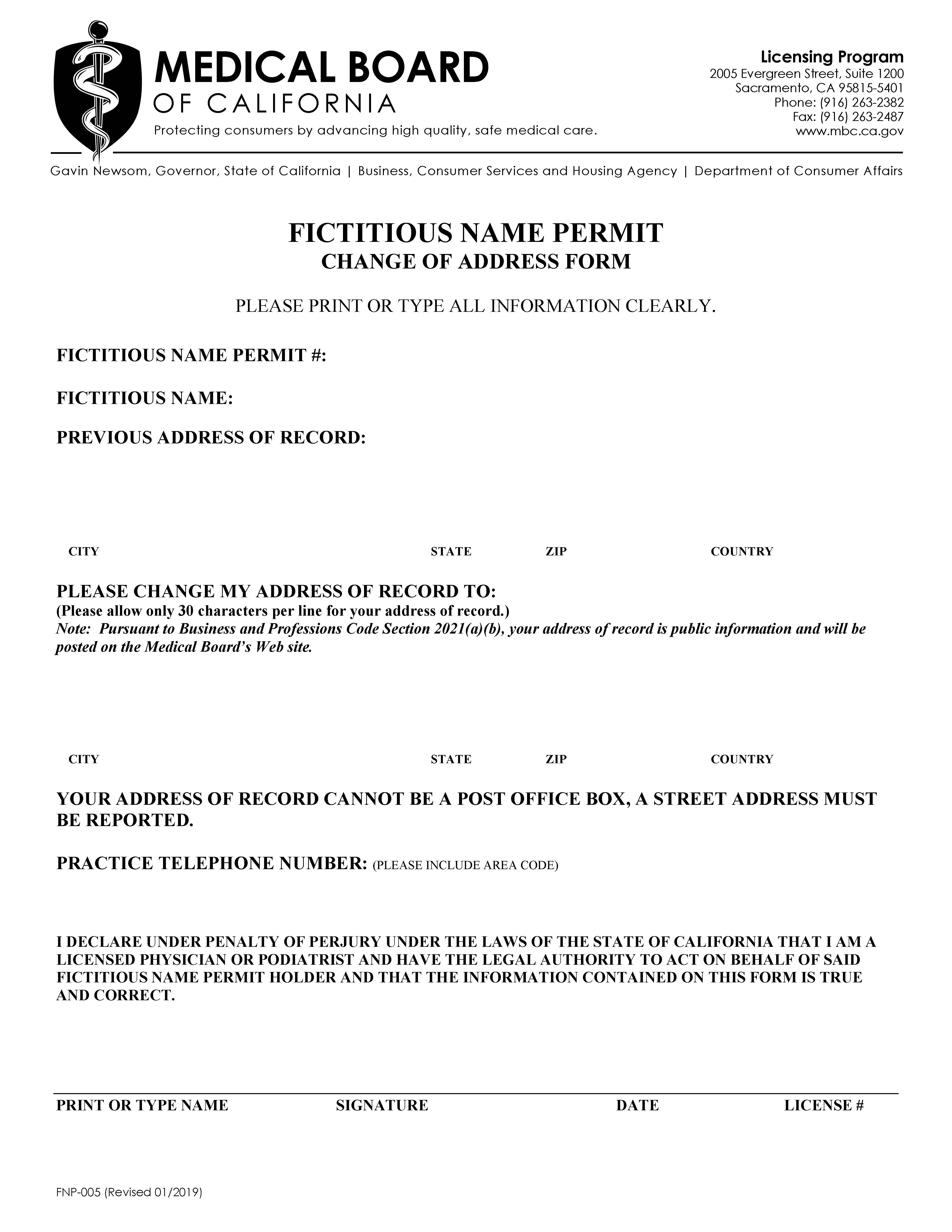 Fictitious Name Permit Change Of Address Form {FNP-005} | Pdf Fpdf Docx | California