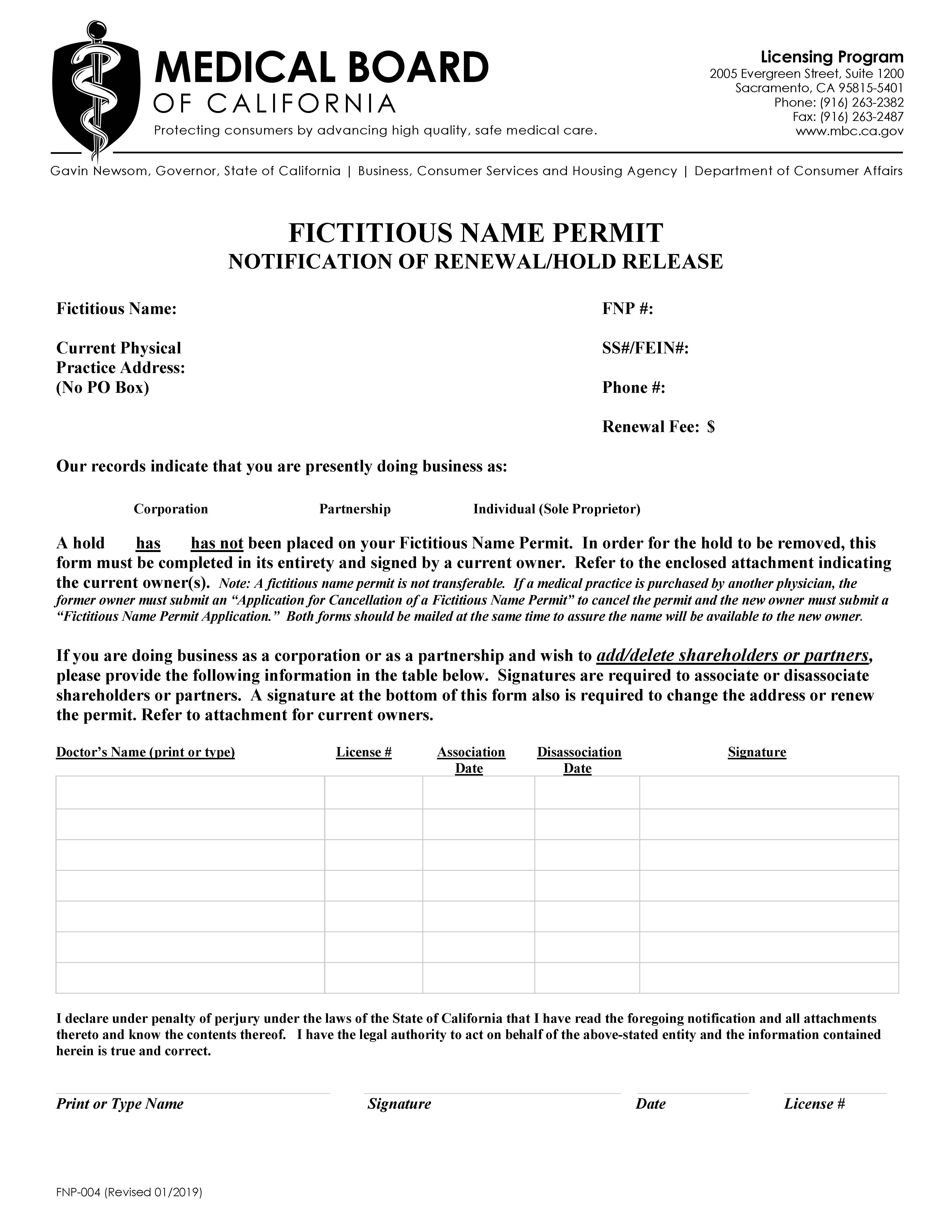 Fictitious Name Permit Notification Of Renewal-Hold Release {FNP-004} | Pdf Fpdf Docx | California