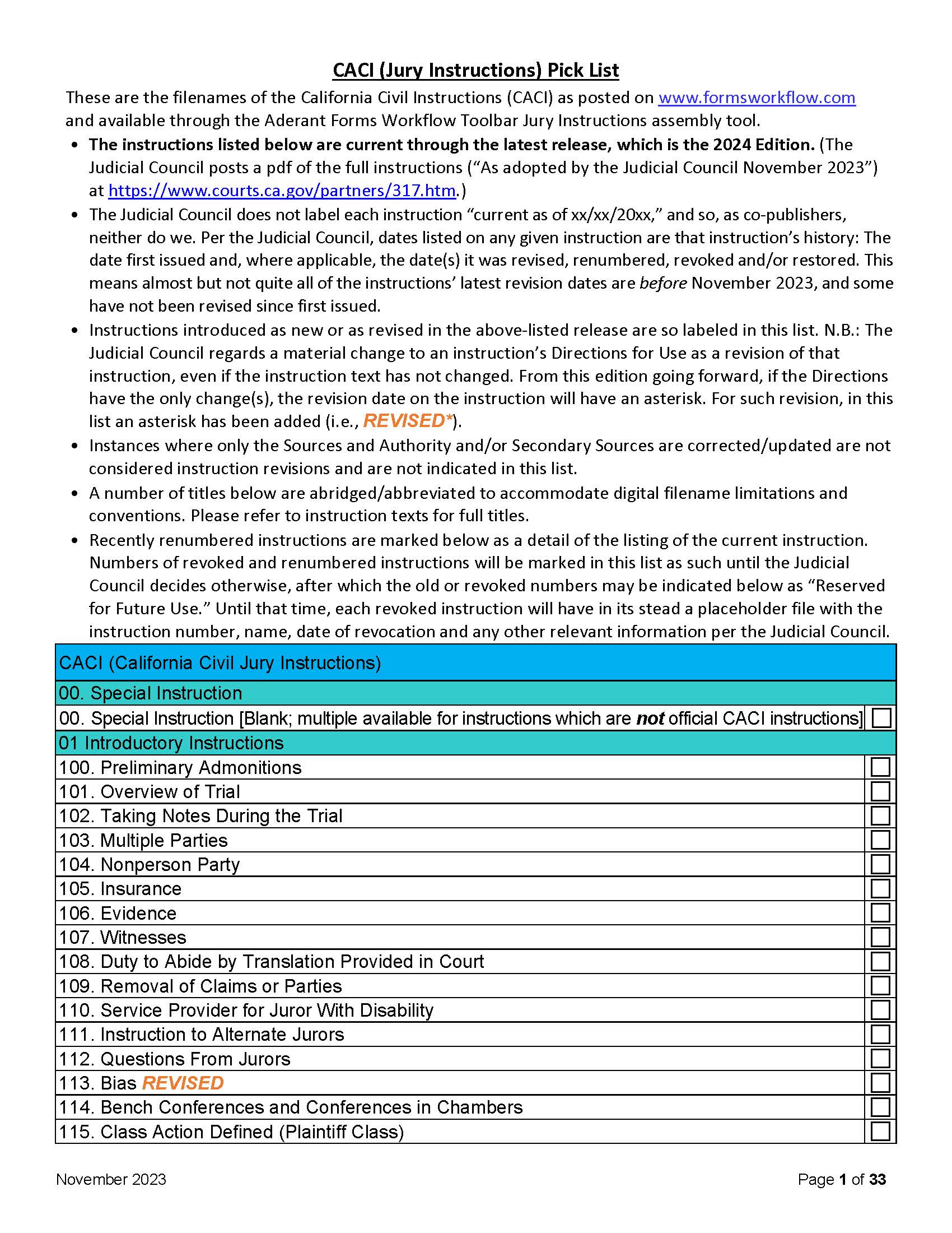 CACI (Jury Instructions) Pick List | Pdf Fpdf Doc Docx | California