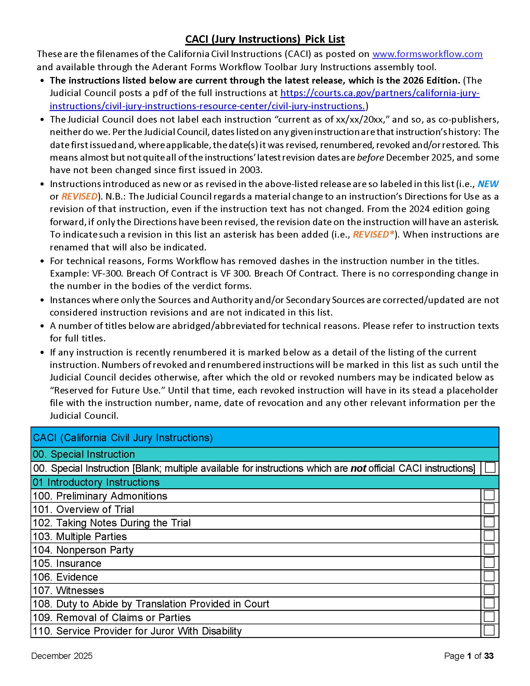 CACI (Jury Instructions) Pick List | Pdf Fpdf Doc Docx | California