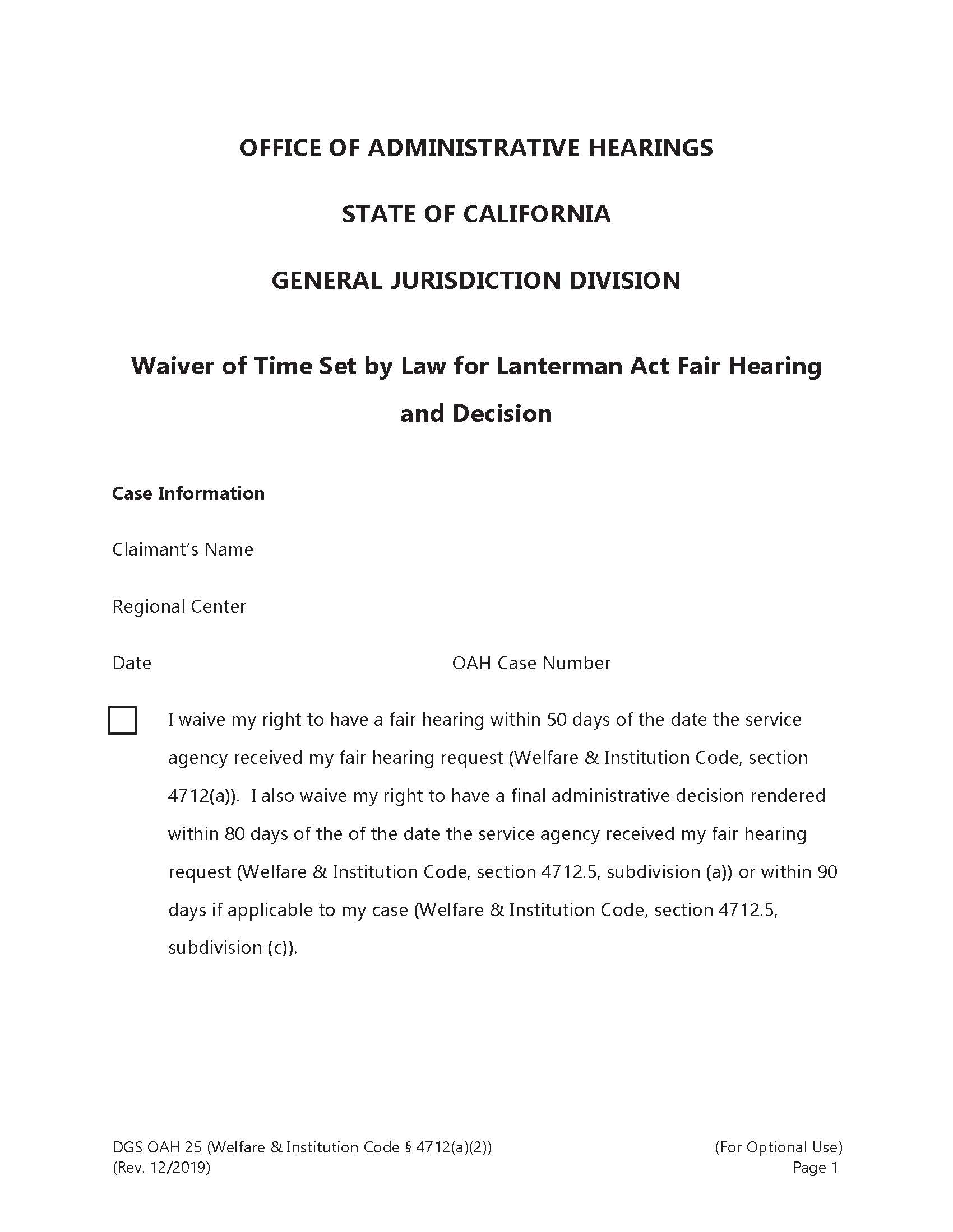 Lanterman Waiver Of Time {OAH 25} | Pdf Fpdf Doc Docx | California