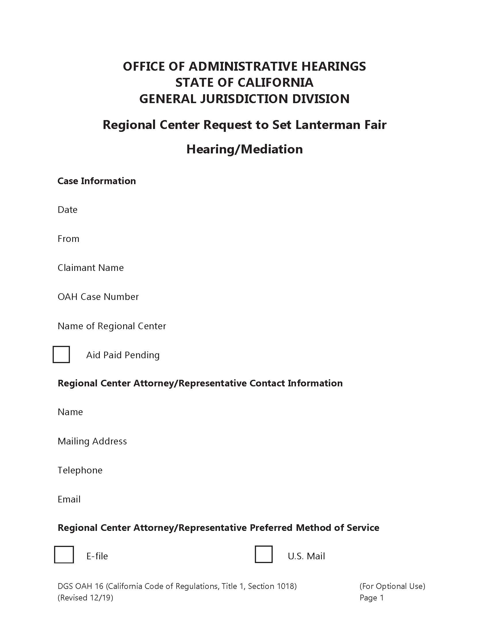 Regional Center Request To Set Lanterman Fair Hearing-Mediation {OAH 16 } | Pdf Fpdf Doc Docx | California