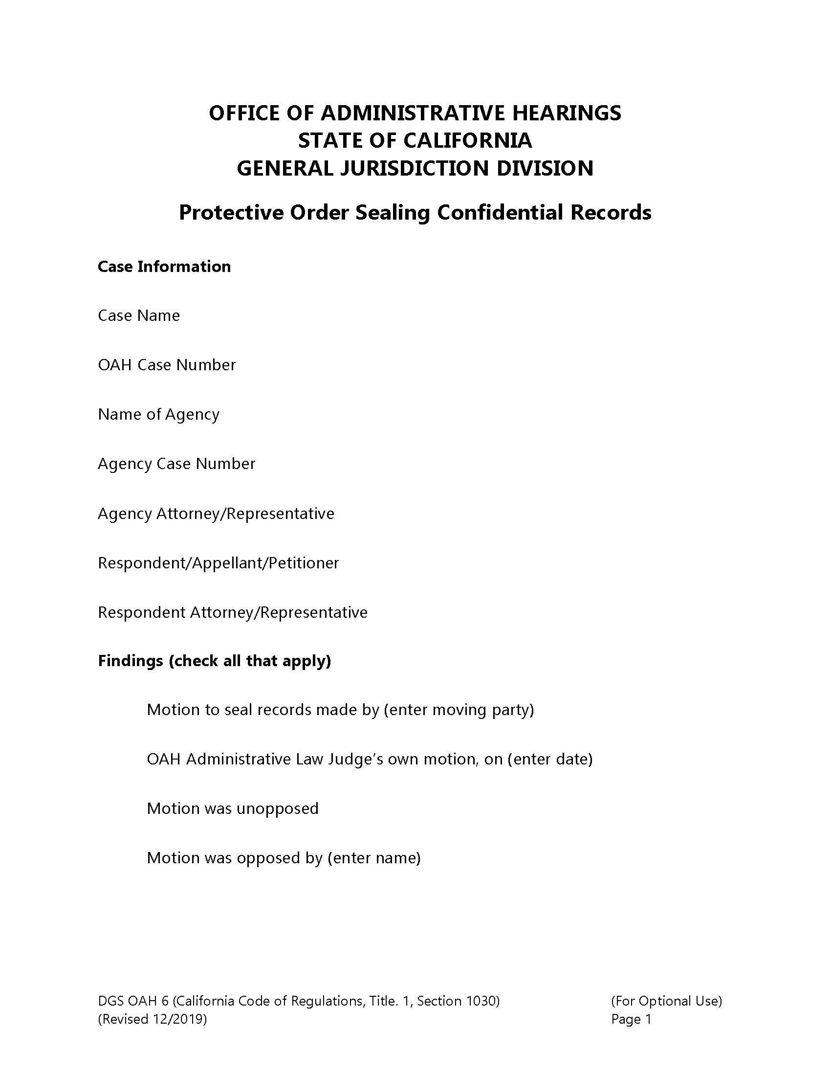 Protective Order Sealing Confidential Records {OAH 6} | Pdf Fpdf Doc Docx | California