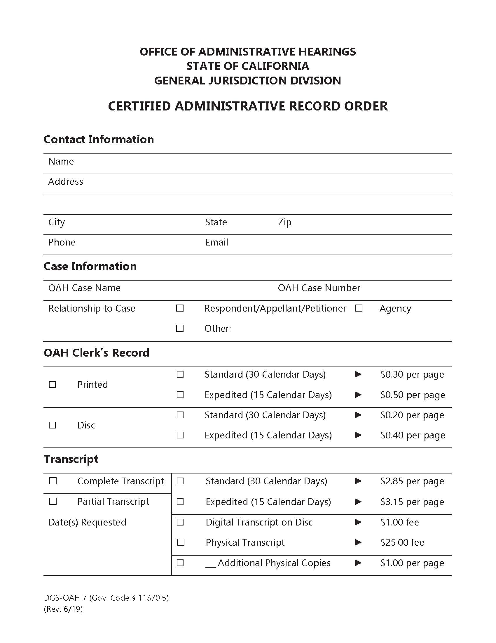 Request For Transcripts (Certified Administrative Record Order) {OAH 7} | Pdf Fpdf Doc Docx | California