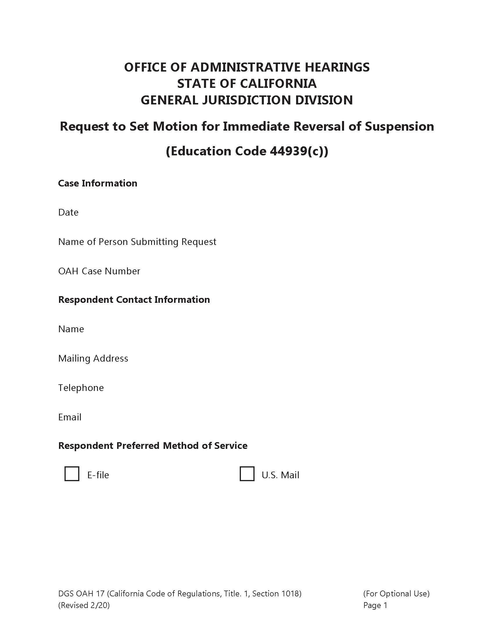Request To Set-Motion For Immediate Reversal Of Suspension {OAH 17} | Pdf Fpdf Doc Docx | California