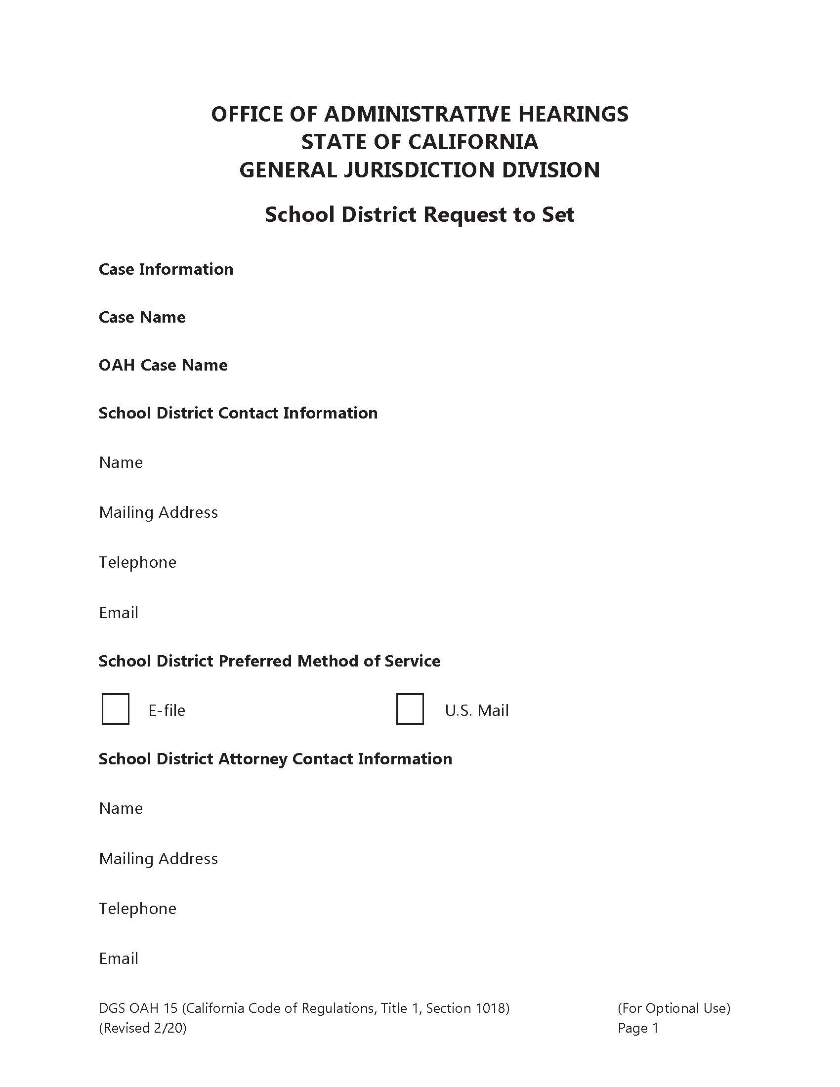 School District Request To Set Form {OAH 15} | Pdf Fpdf Doc Docx | California