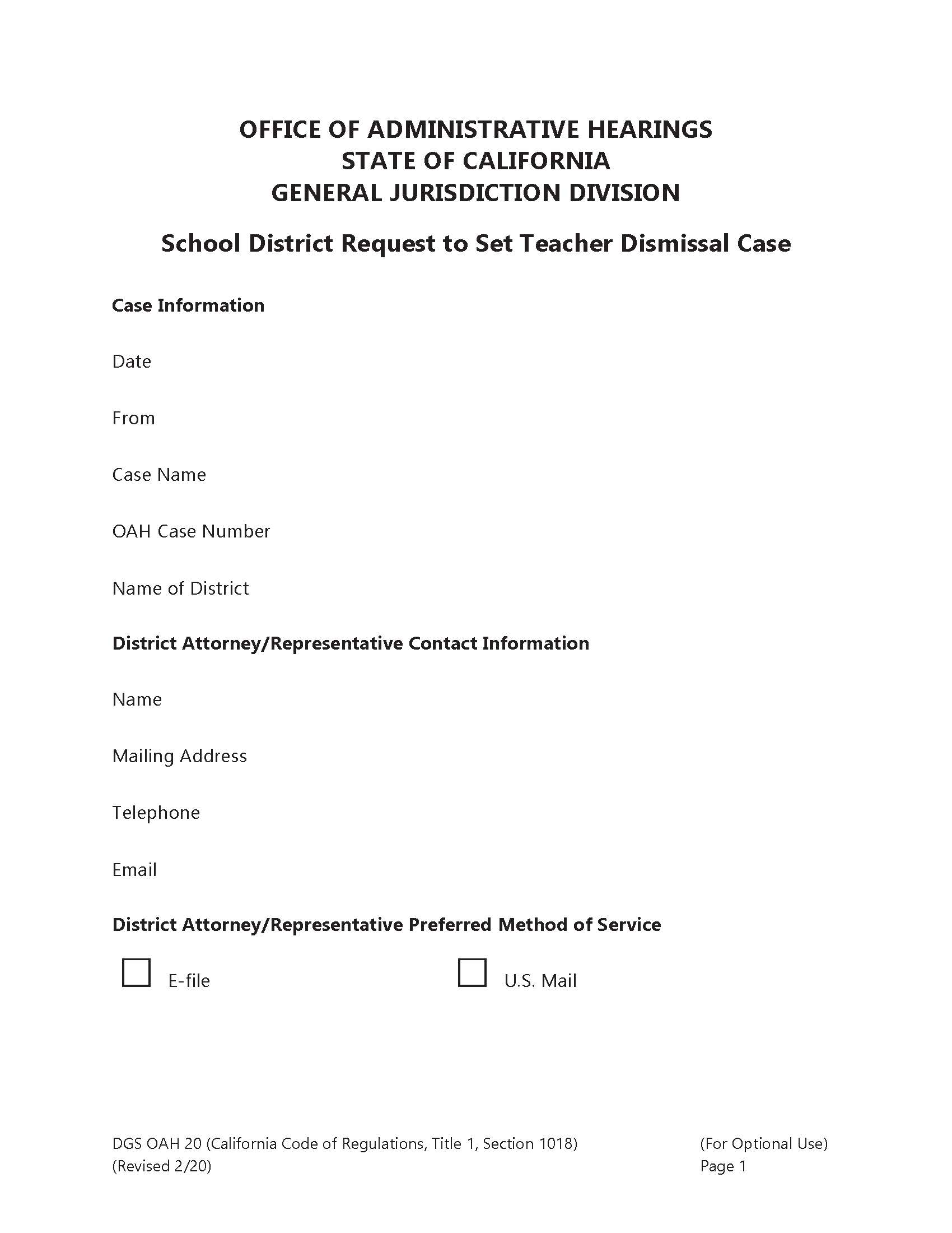 School District Request To Set Teacher Dismissal Case {OAH 20} | Pdf Fpdf Doc Docx | California