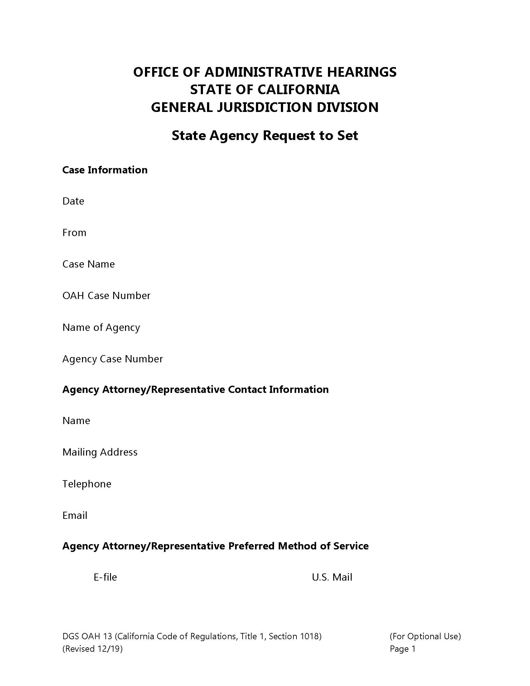 State Agency Request To Set {OAH 13} | Pdf Fpdf Doc Docx | California