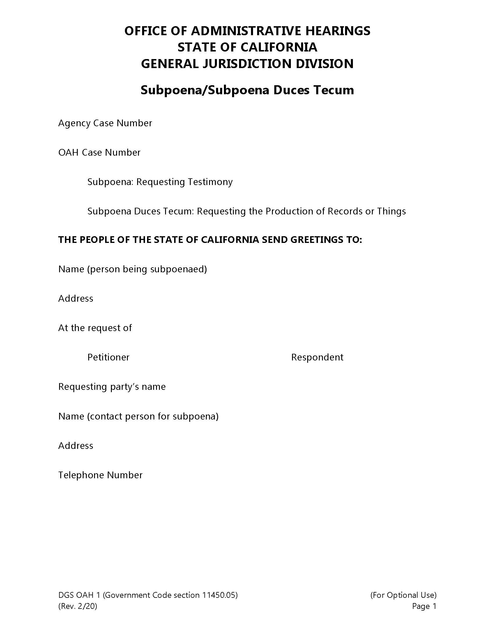 Subpoena {OAH-1} | Pdf Fpdf Doc Docx | California