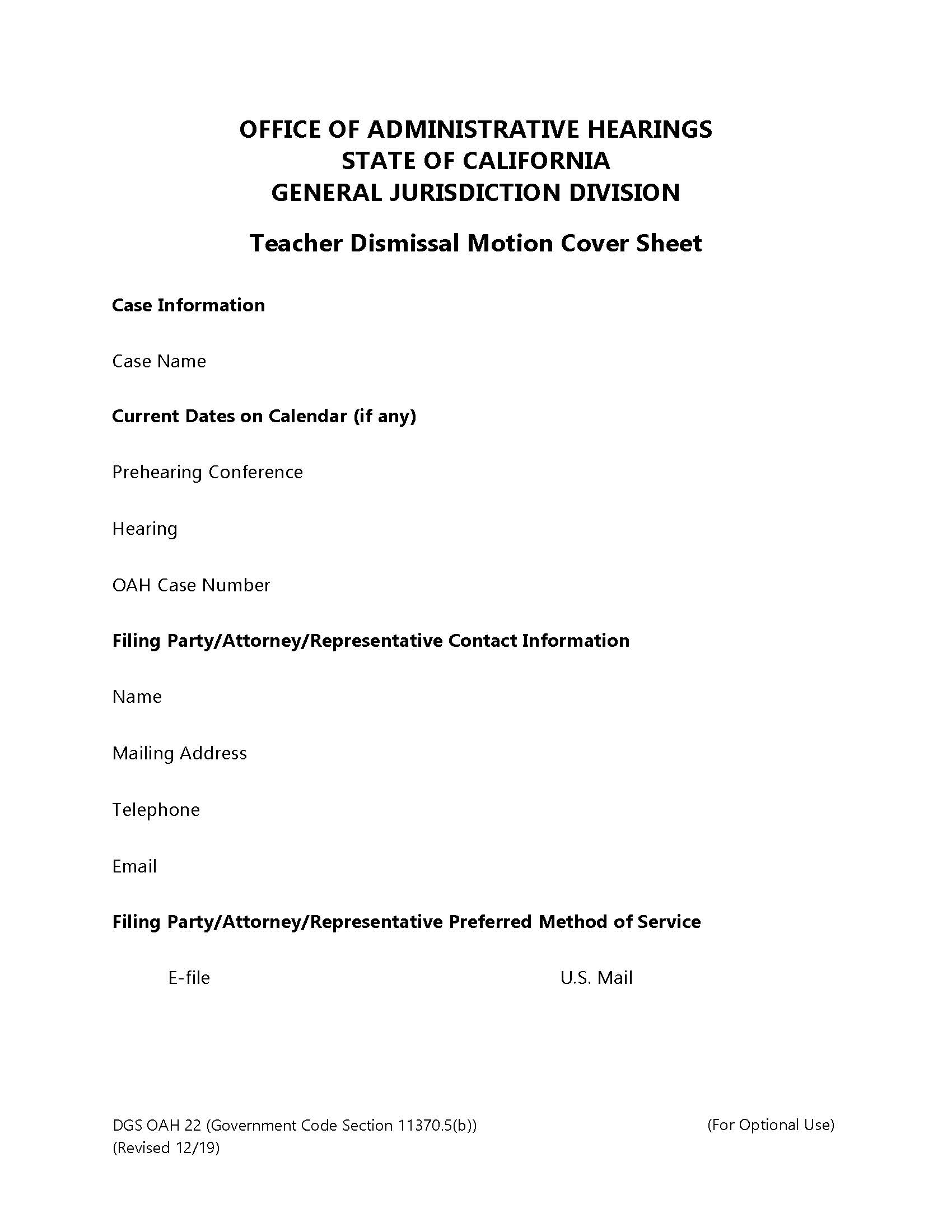 Teacher Dismissal Motion Cover Sheet {OAH 22} | Pdf Fpdf Doc Docx | California