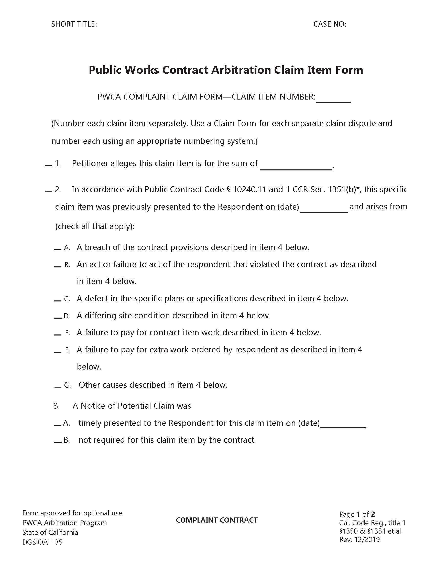 Public Works Contract Arbitration Claim Item Form {OAH-35} | Pdf Fpdf Doc Docx | California
