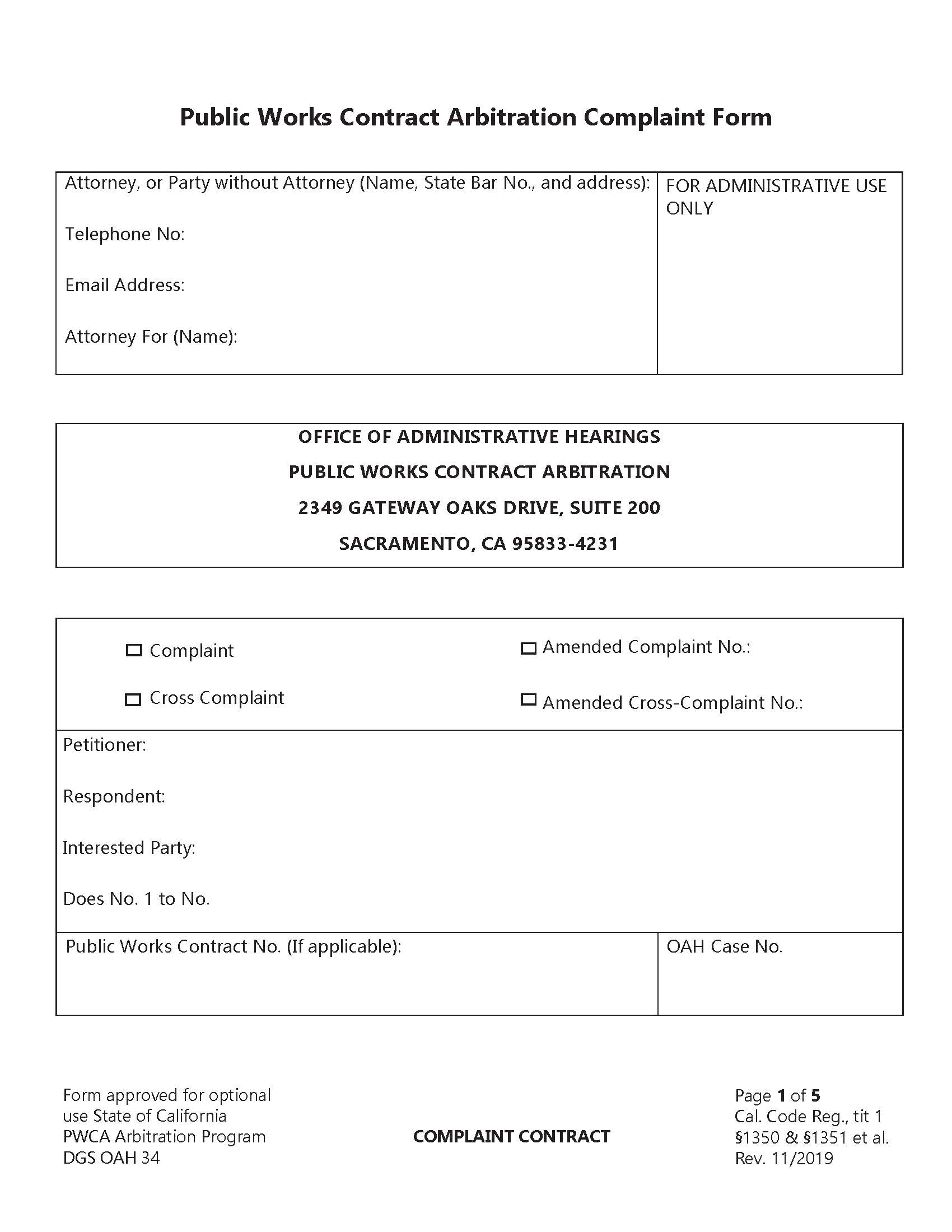 Public Works Contract Arbitration Complaint Form {OAH-34} | Pdf Fpdf Doc Docx | California