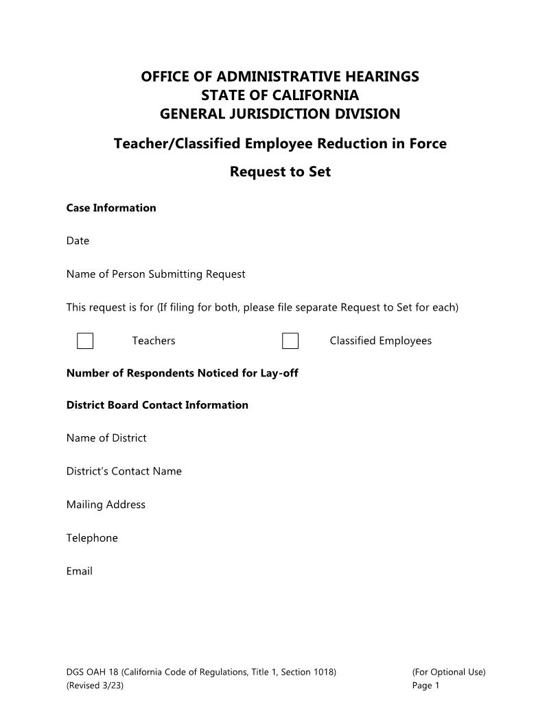 Teacher Reduction In Force Request To Set {OAH 18} | Pdf Fpdf Doc Docx | California