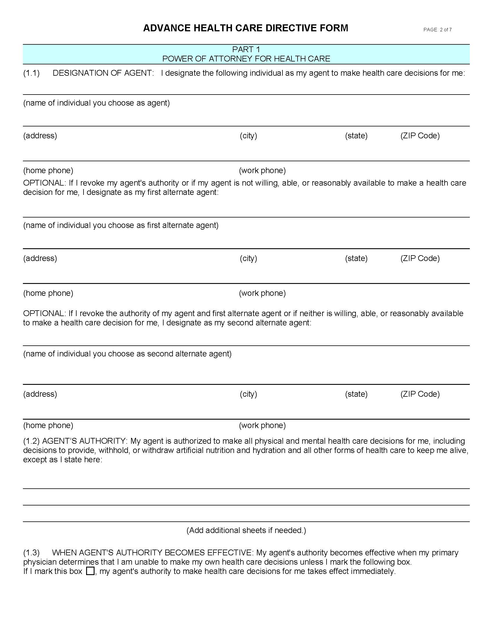 Advance Health Care Directive (CA Probate Code Sample Form) | Pdf Fpdf Docx | California
