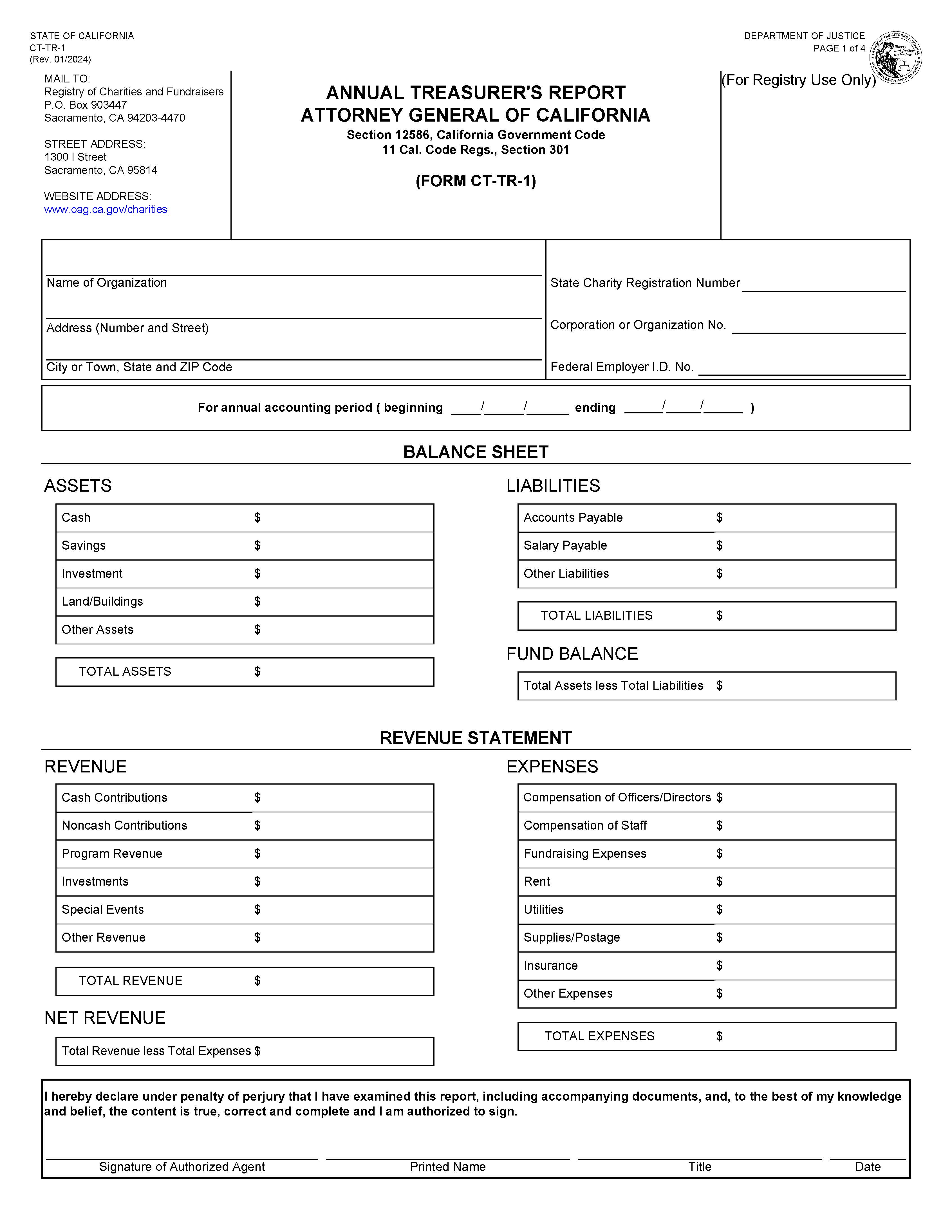 Annual Treasurers Report Attorney General Of CA {CT-TR-1} | Pdf Fpdf Docx | California