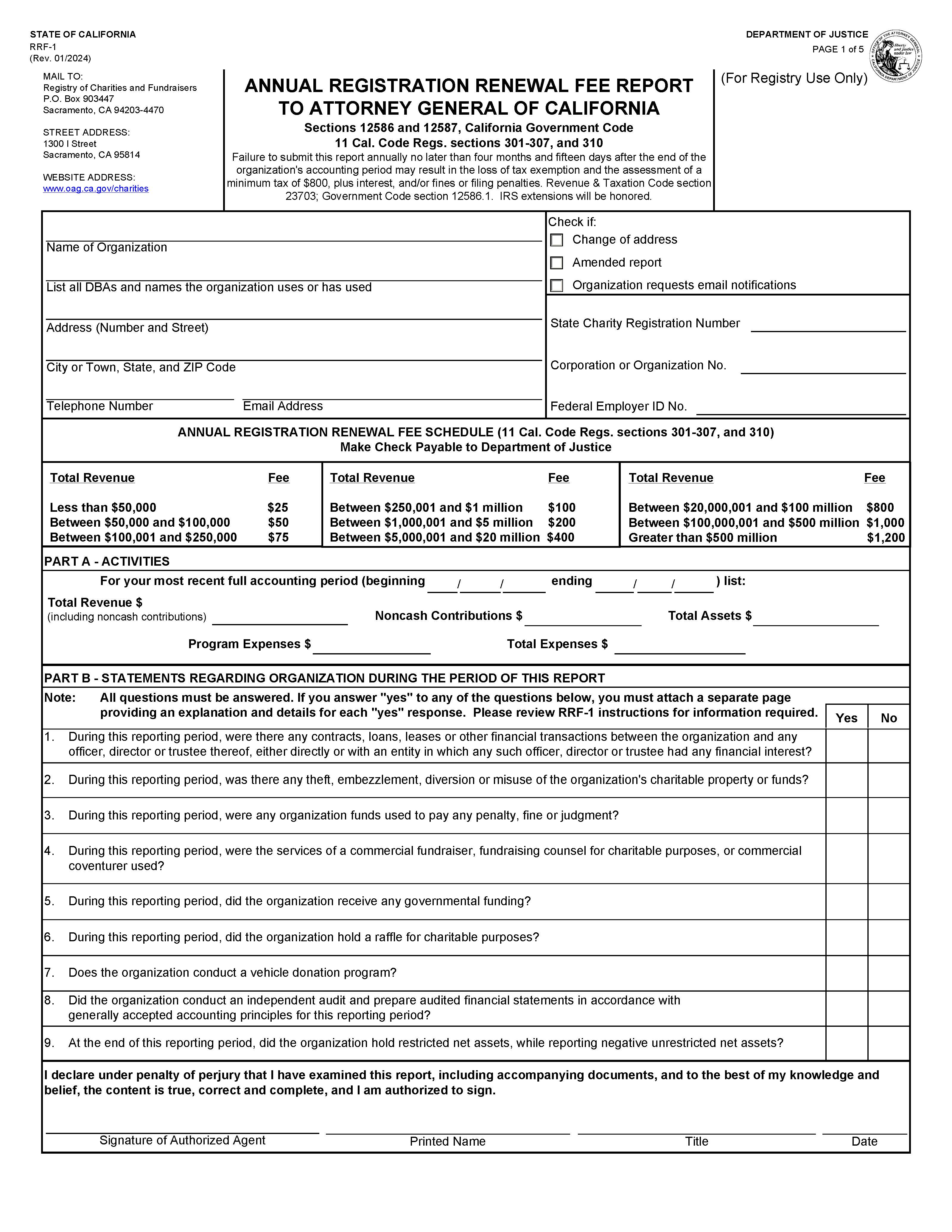 Registration Renewal Fee Report To Attorney General Of California (Annual) {RRF-1} | Pdf Fpdf Docx | California