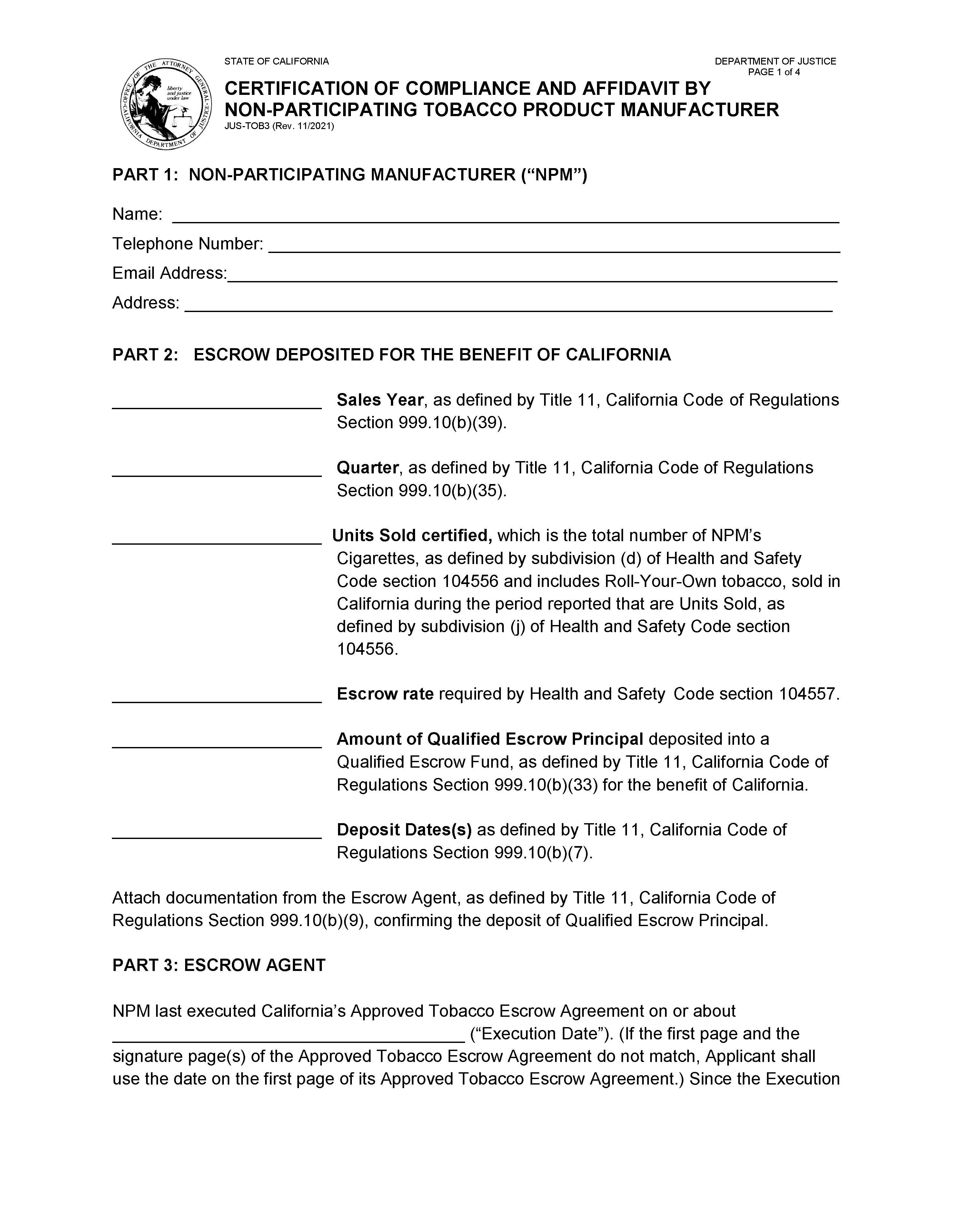 Certification Of Compliance And Affidavit By Non-Participating Tobacco Product Manufacturer {JUS-TOB3} | Pdf Fpdf Docx | California