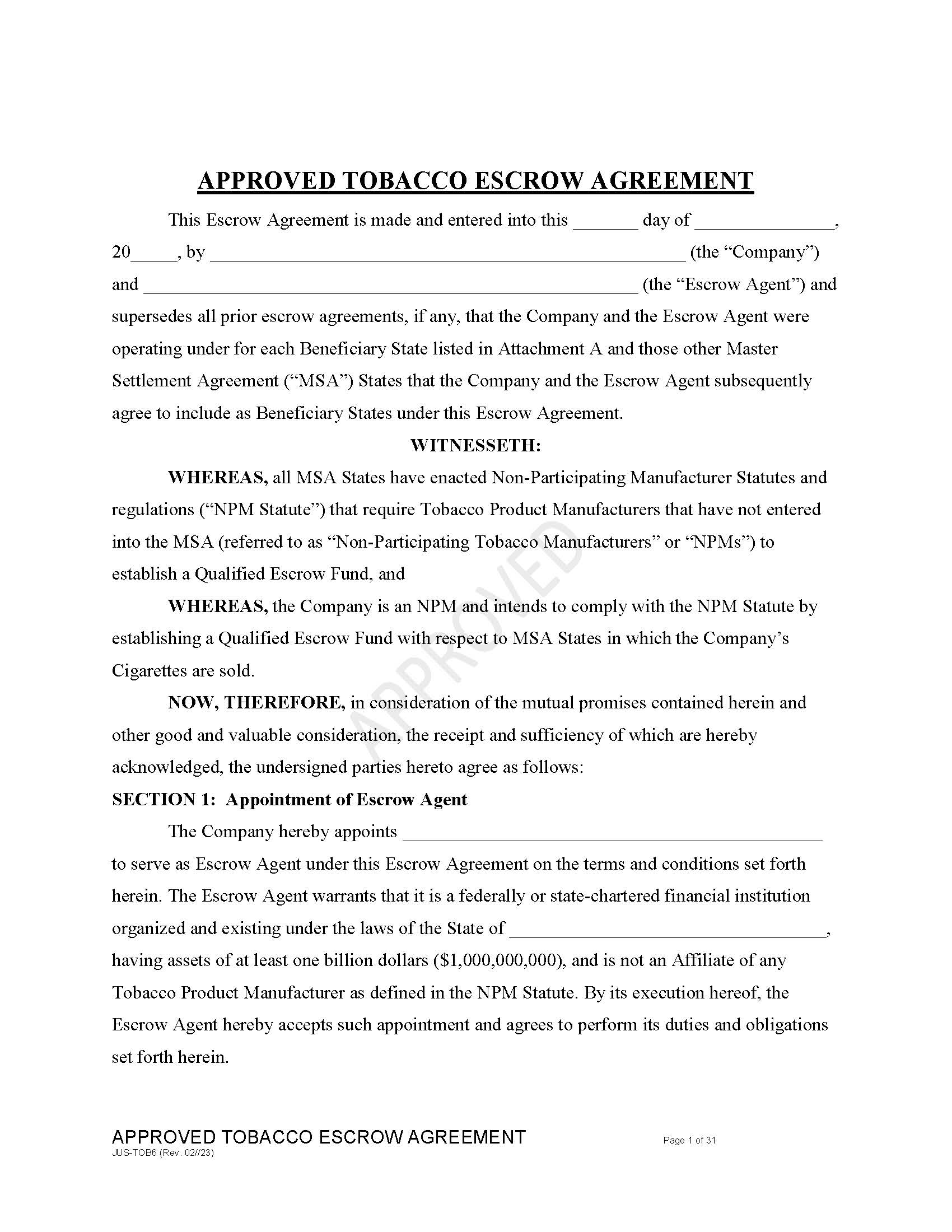 Escrow Agreement {JUS-TOB6} | Pdf Fpdf Docx | California