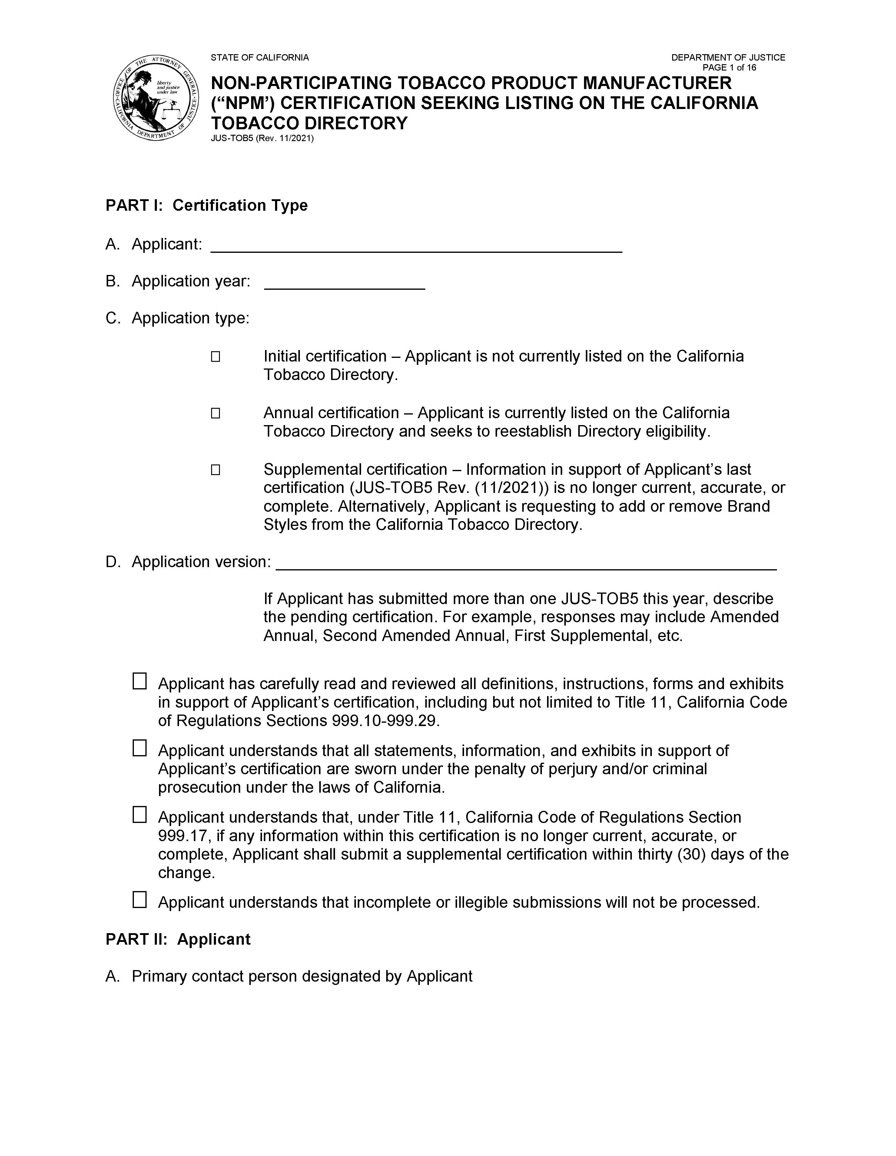 Non-Participating Manufacturer Certification (NPM) Seeking Listing On The CA Directory {JUS-TOB 5} | Pdf Fpdf Docx | California