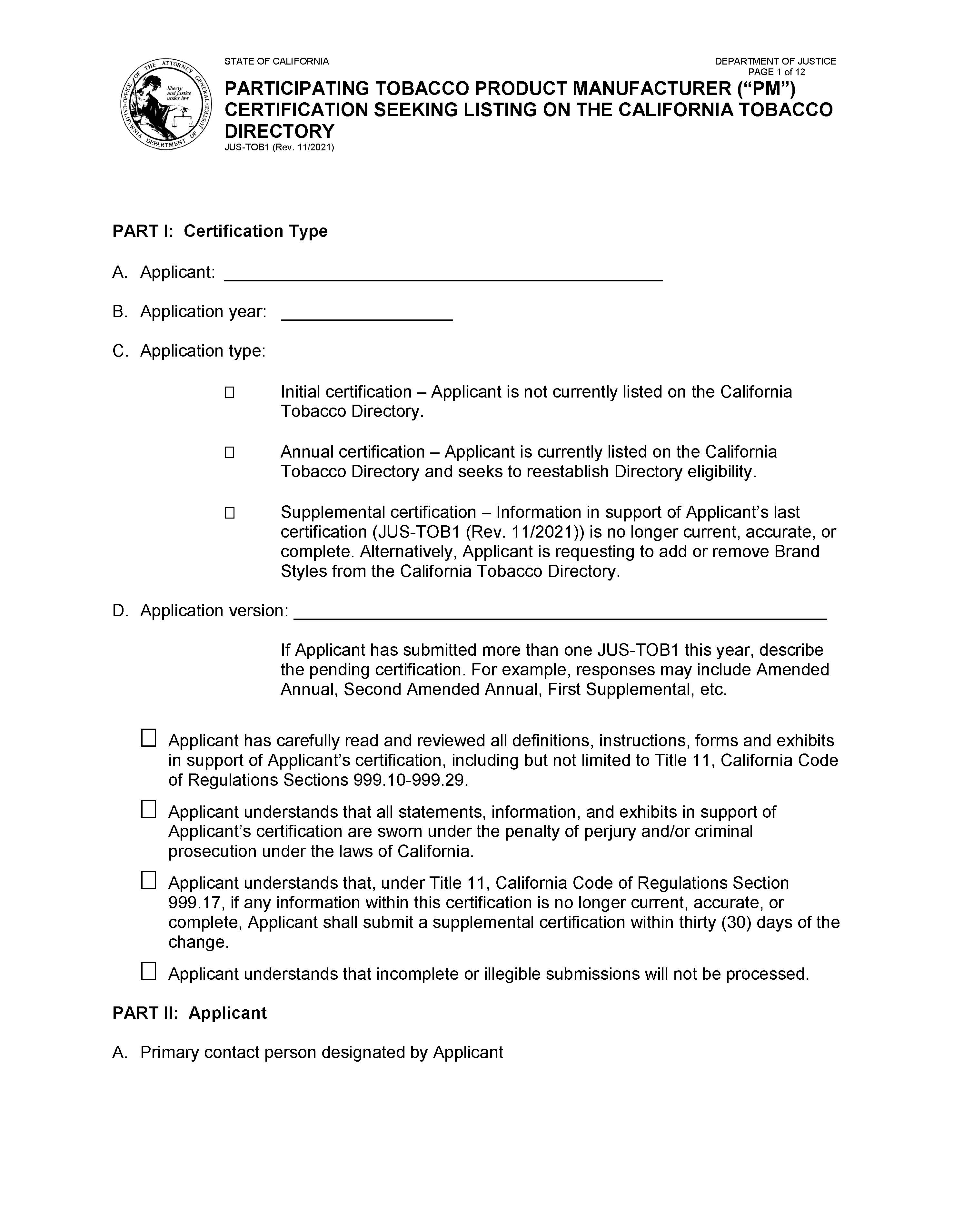 Participating Tobacco Product Manufacturer (PM) Certification Seeking Listing On The CA Directory {JUS-TOB 1} | Pdf Fpdf Docx | California