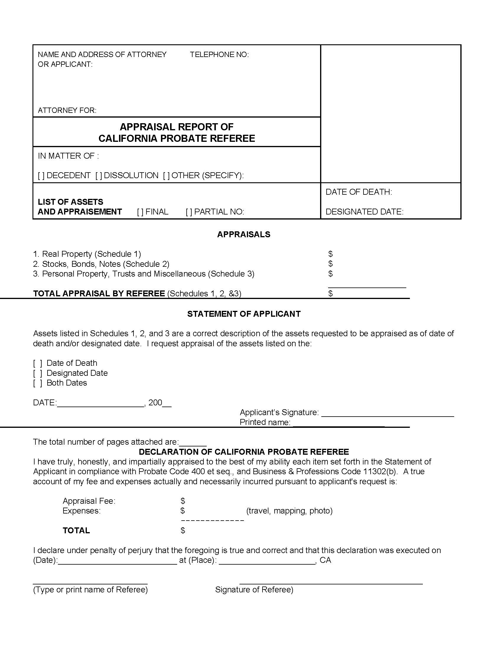 Appraisal Report Of California Probate Referee (Trust Non-Probate Appraisal Form) | Pdf Fpdf Doc Docx | California