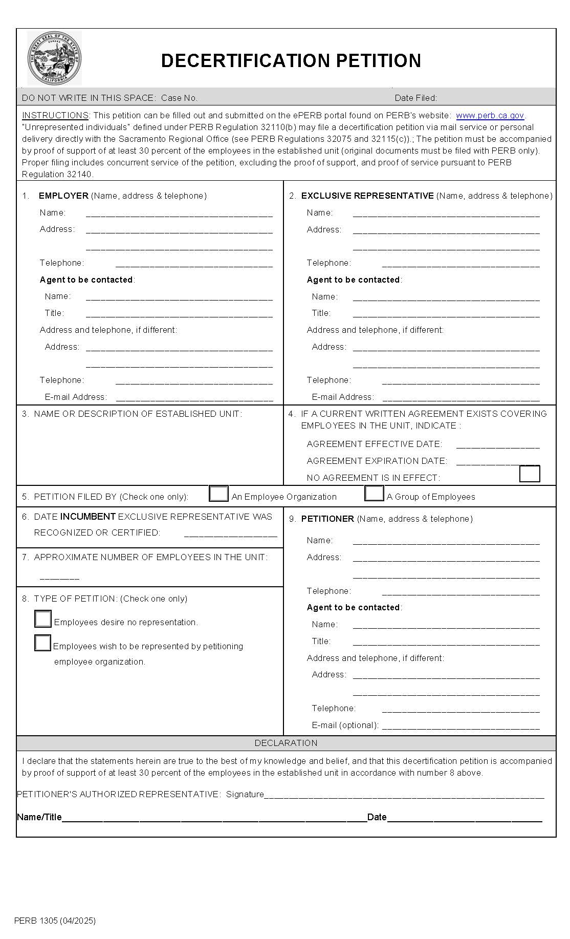 Decertification Petition {PERB-1305} | Pdf Fpdf Docx | California