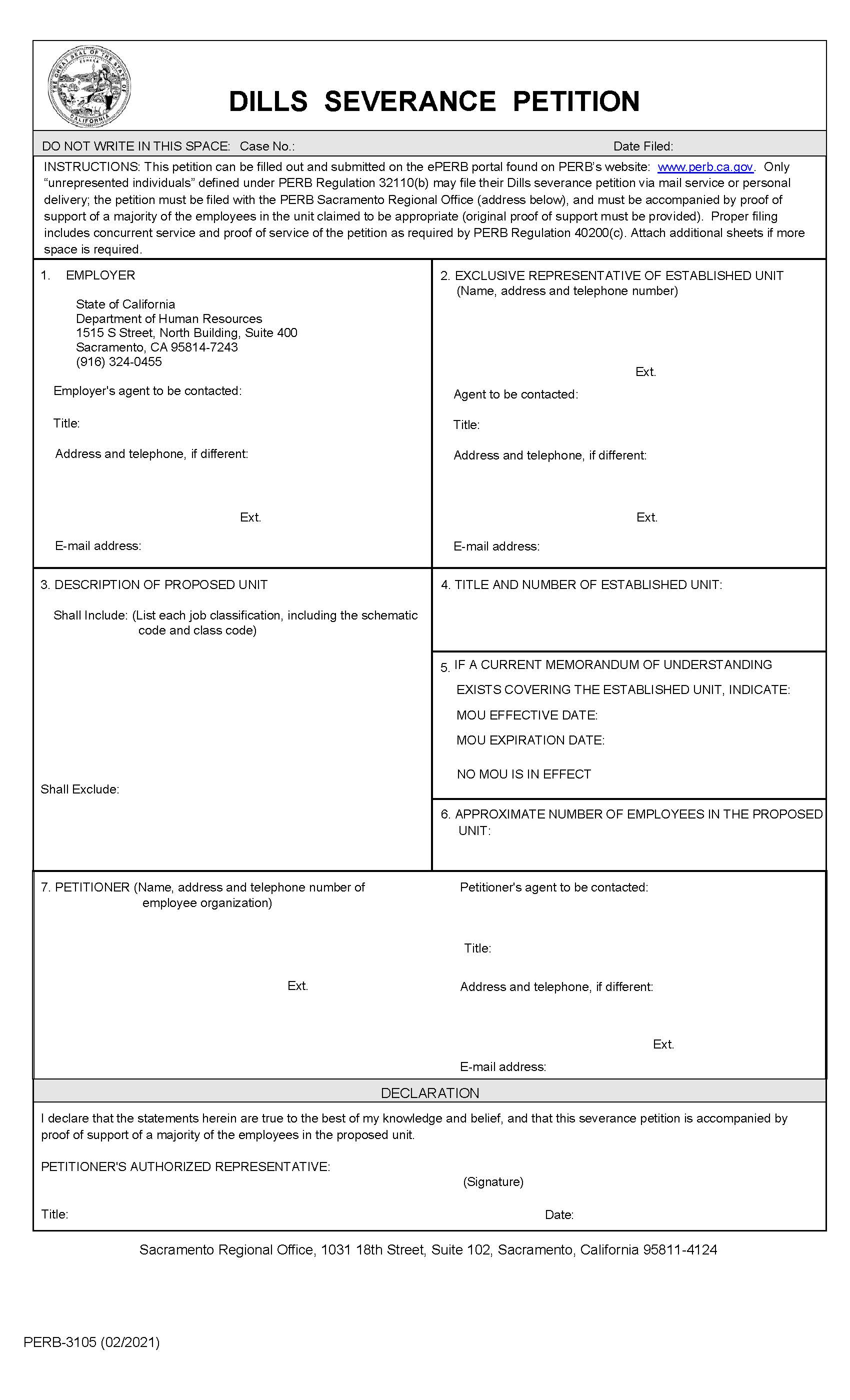 Dills Severance Petition {PERB-3105} | Pdf Fpdf Doc Docx | California