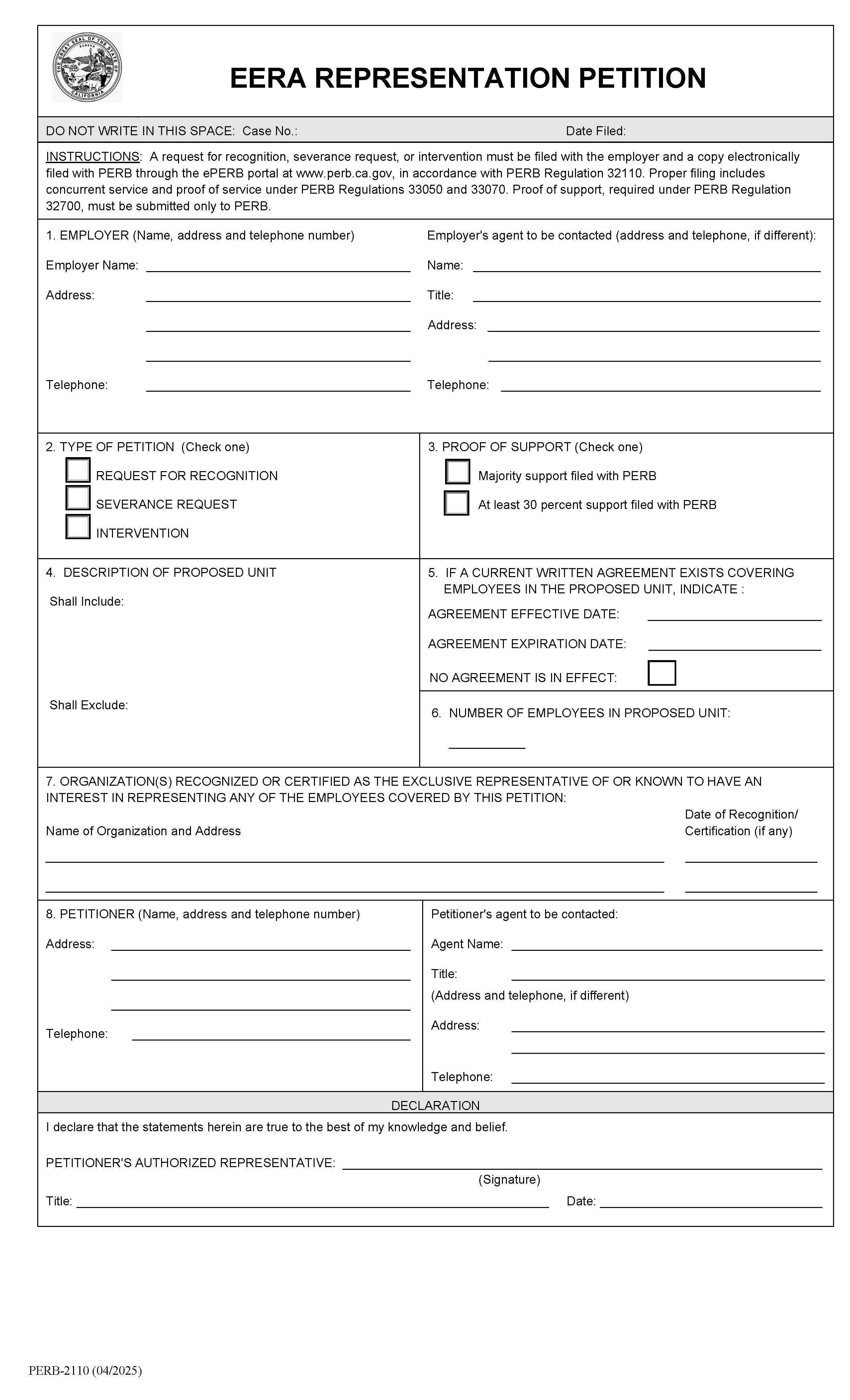 EERA Representation Petition {PERB-2110} | Pdf Fpdf Docx | California