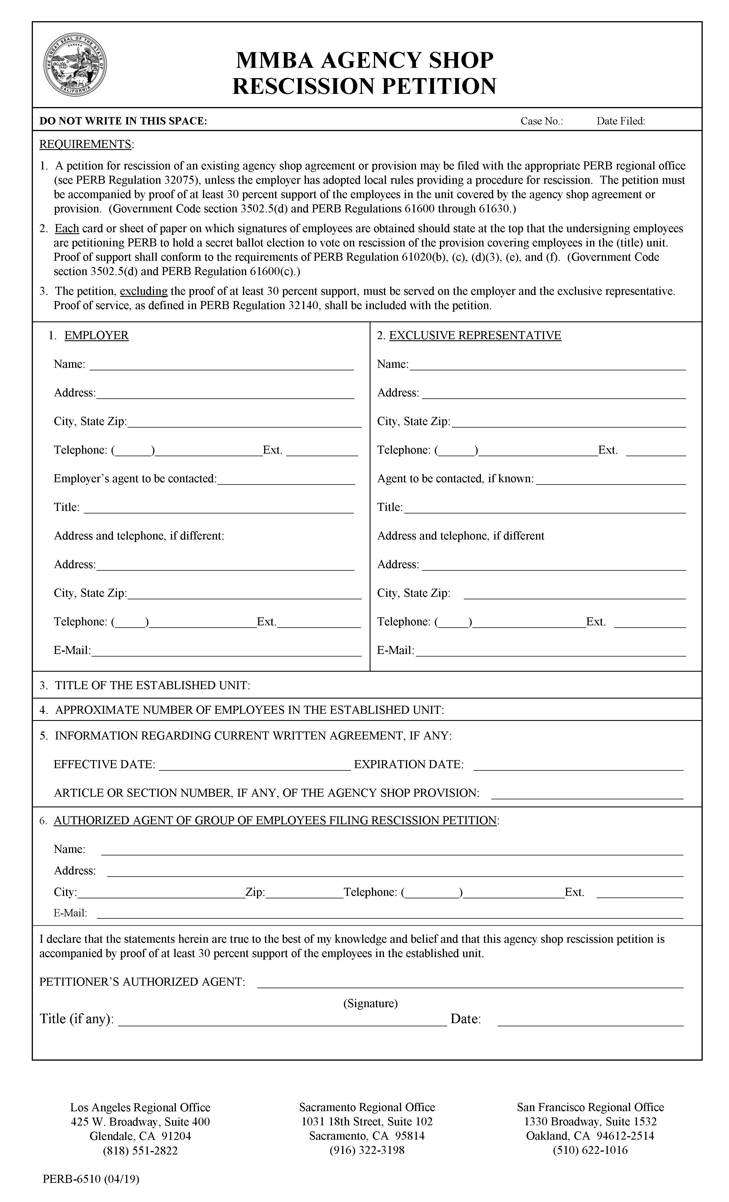 MMBA Agency Shop Rescission Petition {PERB-6510} | Pdf Fpdf Docx | California