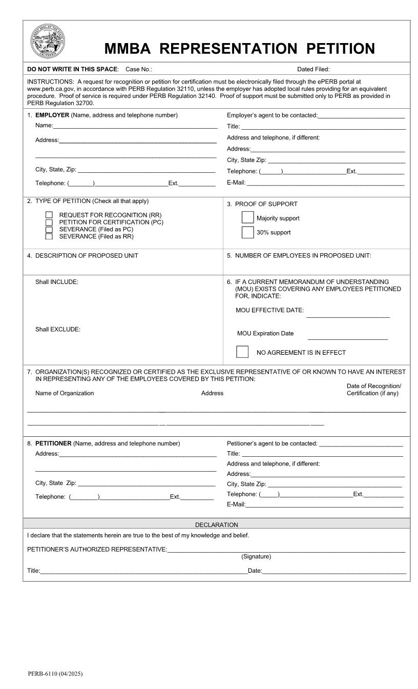 MMBA Representation Petition {PERB-6110} | Pdf Fpdf Docx | California