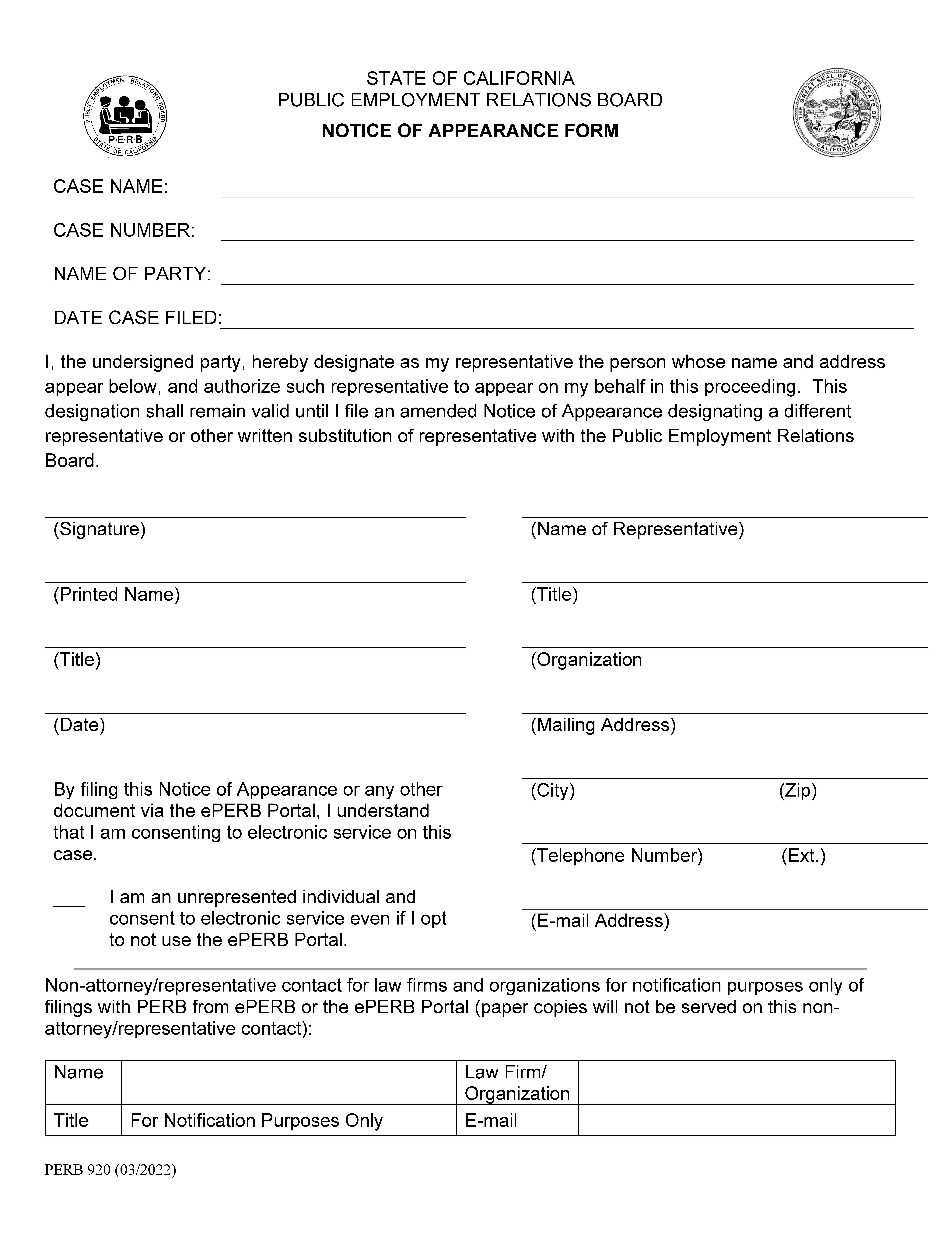 Notice Of Appearance {PERB-920} | Pdf Fpdf Doc Docx | California