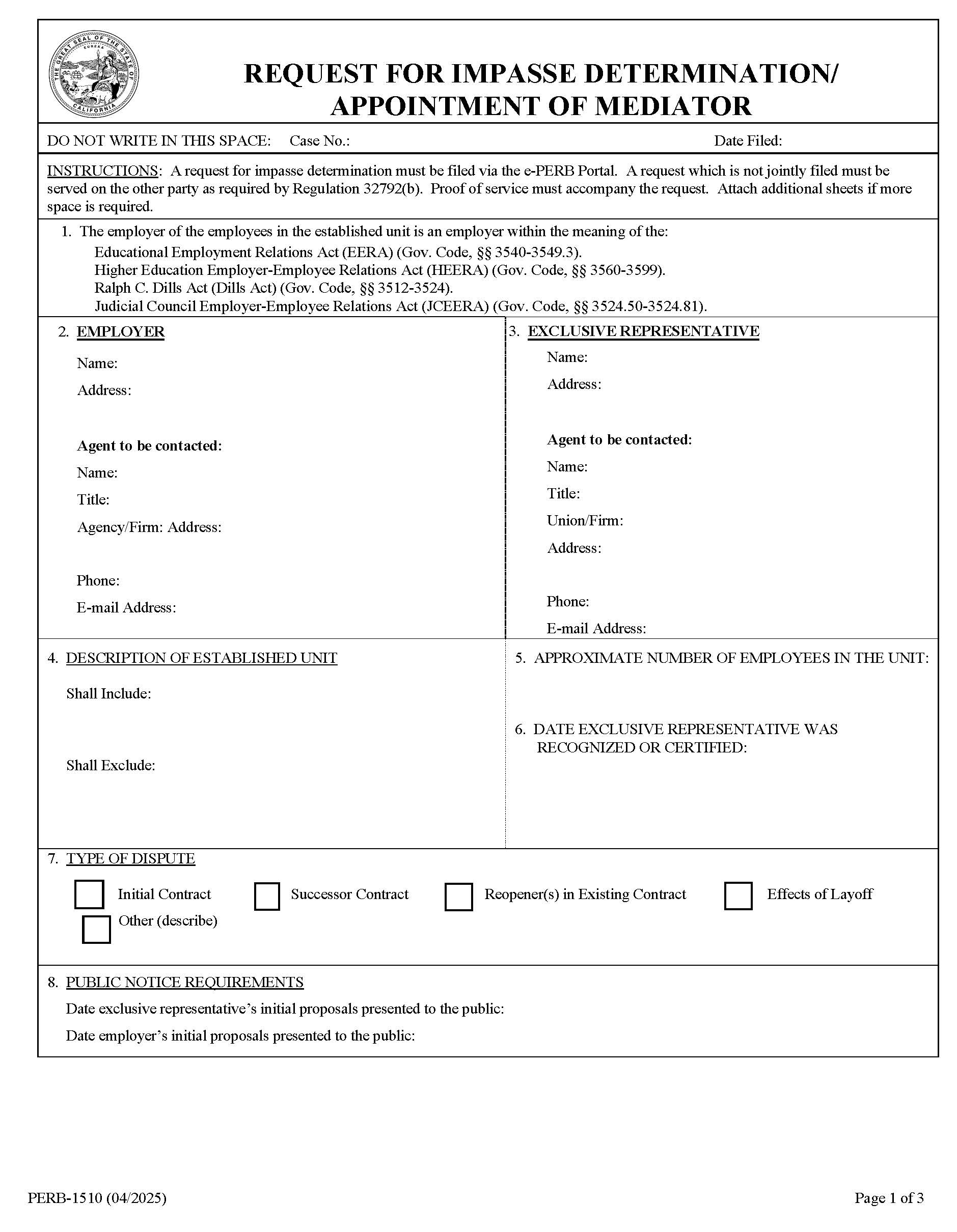 Request For Impasse Determination-Appointment Of Mediator {PERB-1510} | Pdf Fpdf Docx | California