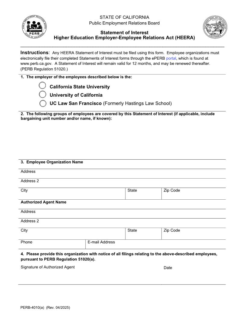 Statement Of Interest Higher Education Employer-Employee Relations Act (HEERA) {PERB-4010(a)} | Pdf Fpdf Docx | California